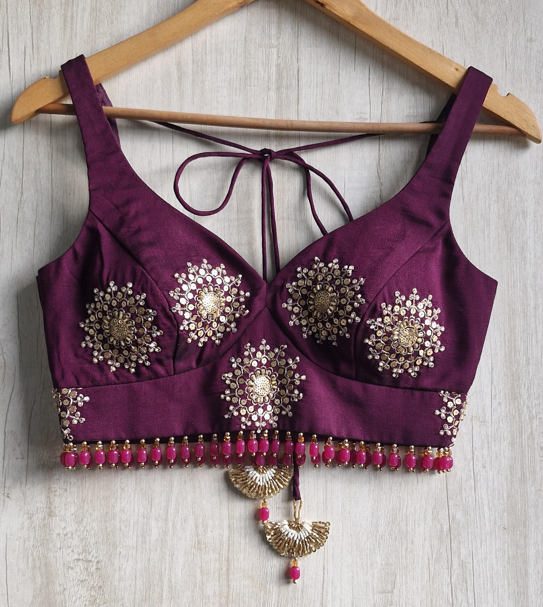 Wine Embroidered Silk Blouse -Sweetheart Neck Sleeveless DVBL_515