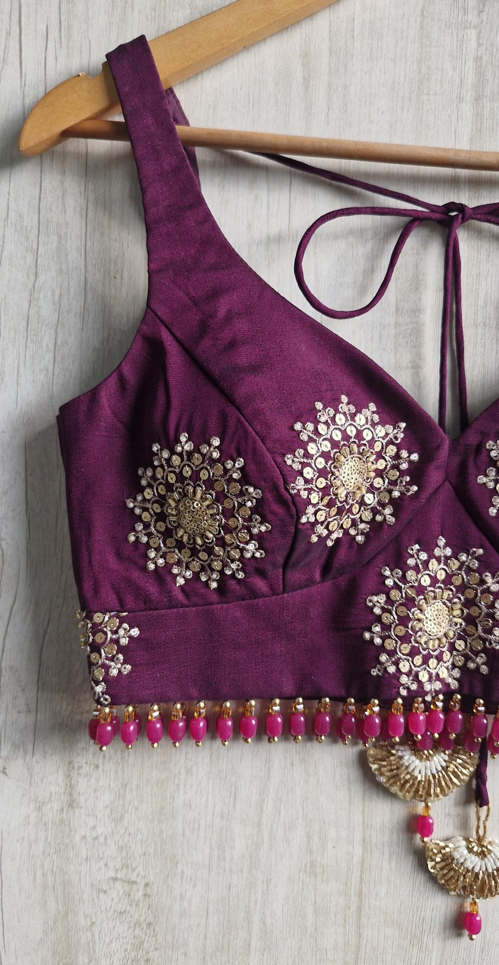 Wine Embroidered Silk Blouse -Sweetheart Neck Sleeveless DVBL_515