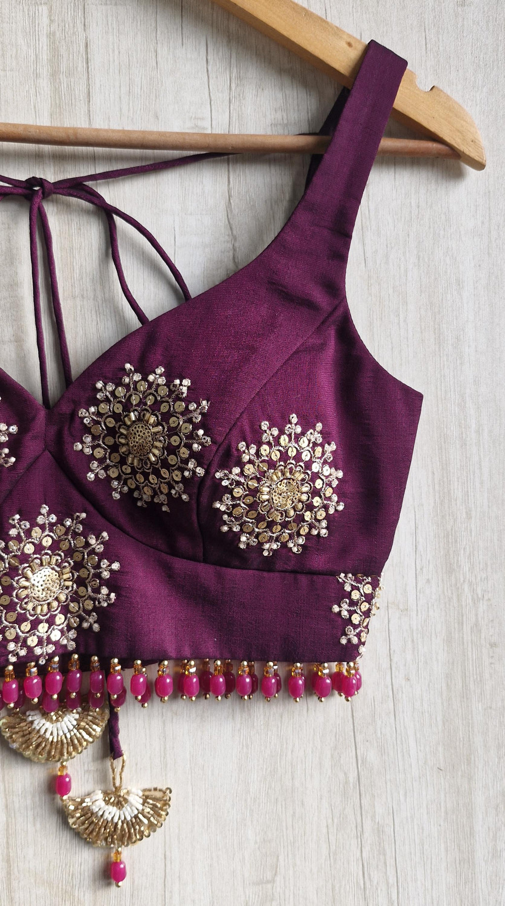 Wine Embroidered Silk Blouse -Sweetheart Neck Sleeveless DVBL_515