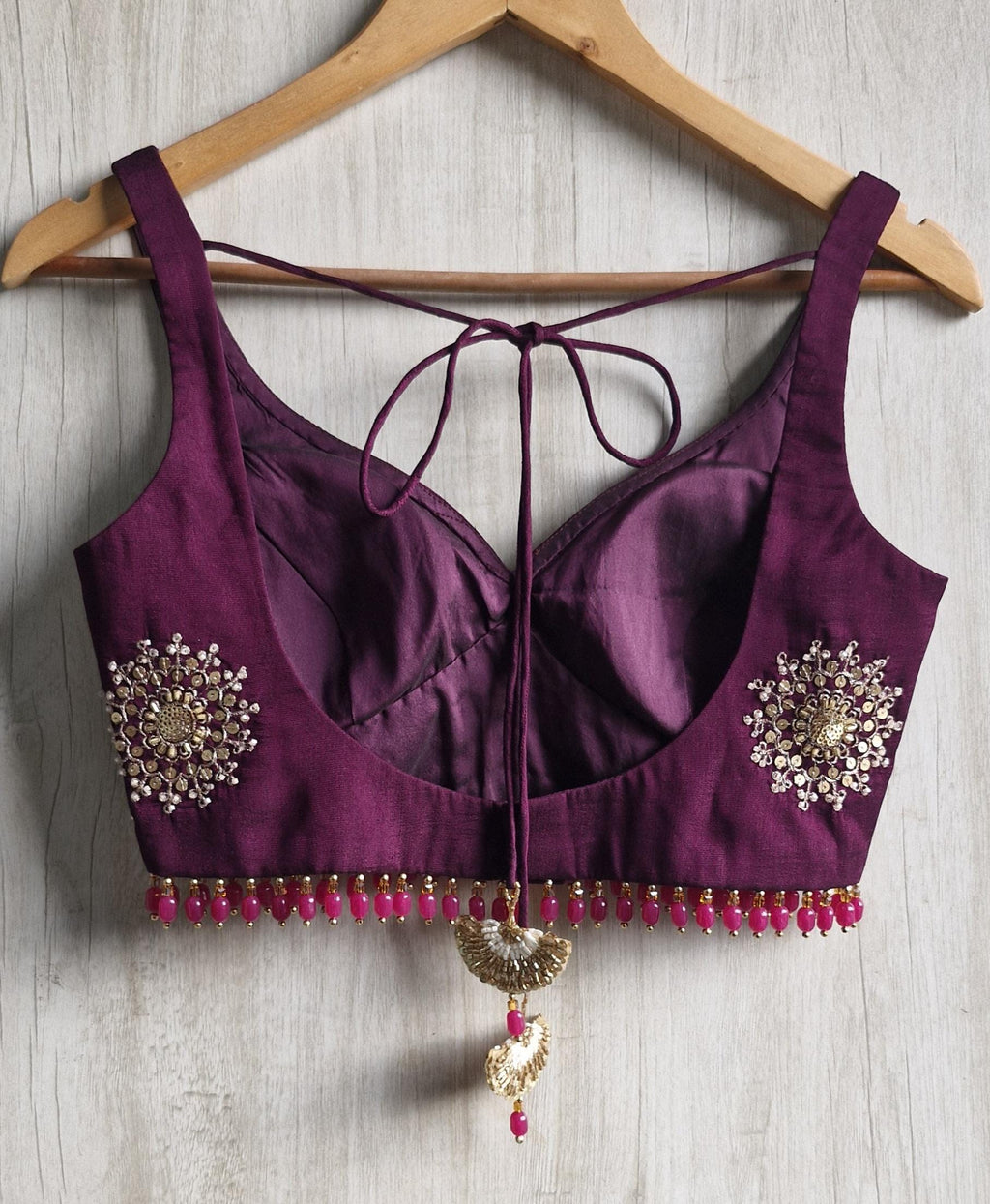Wine Embroidered Silk Blouse -Sweetheart Neck Sleeveless DVBL_515