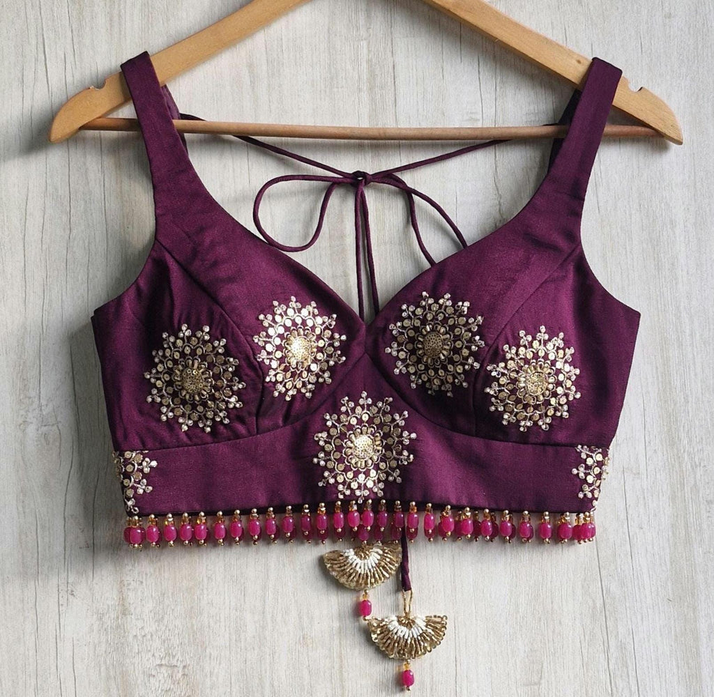 Wine Embroidered Silk Blouse -Sweetheart Neck Sleeveless DVBL_515