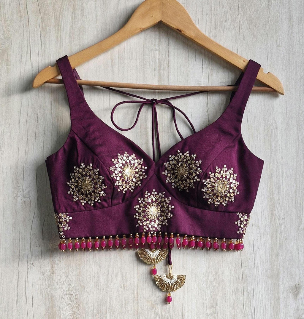 Wine Embroidered Silk Blouse -Sweetheart Neck Sleeveless DVBL_515