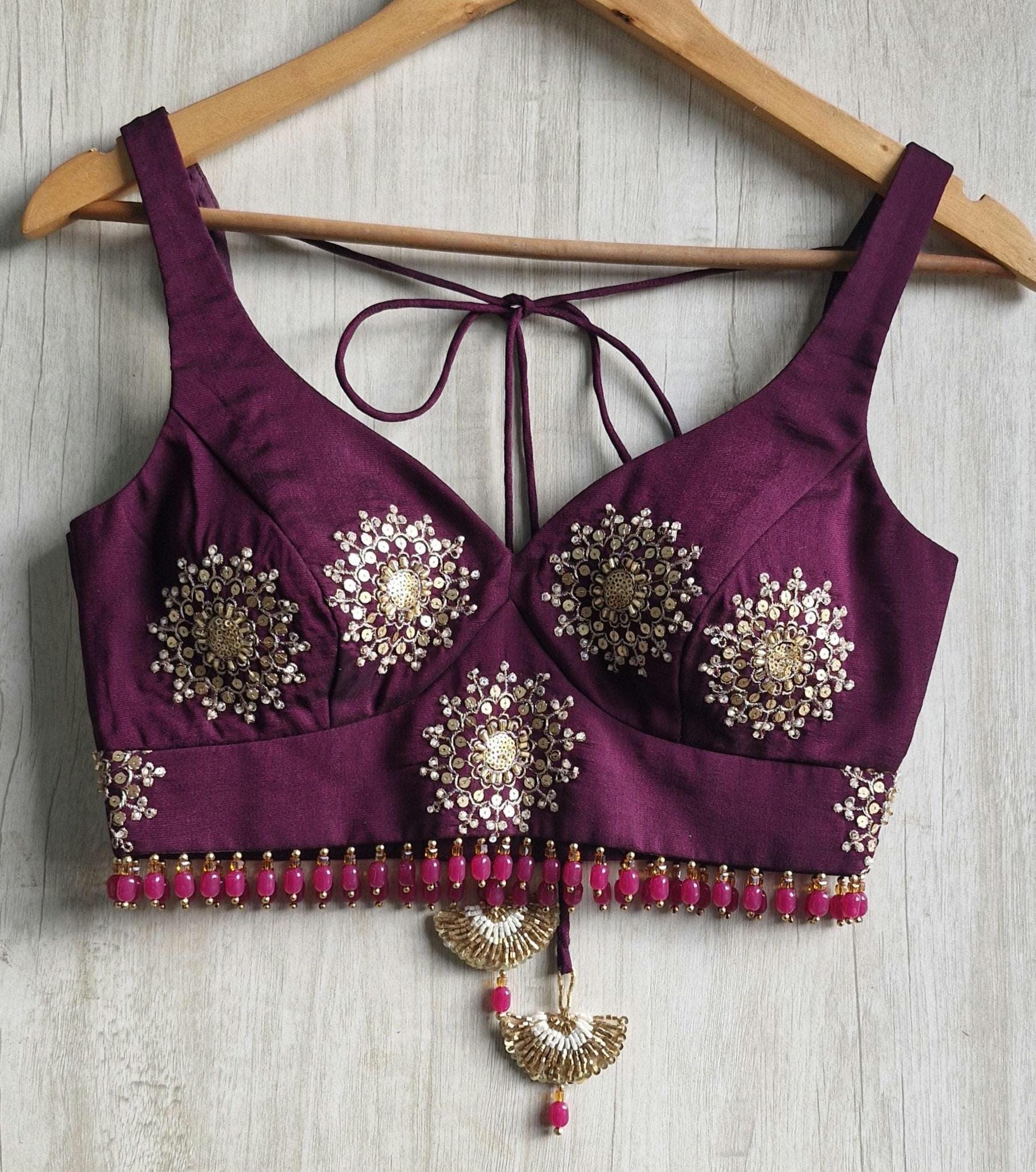Wine Embroidered Silk Blouse -Sweetheart Neck Sleeveless DVBL_515