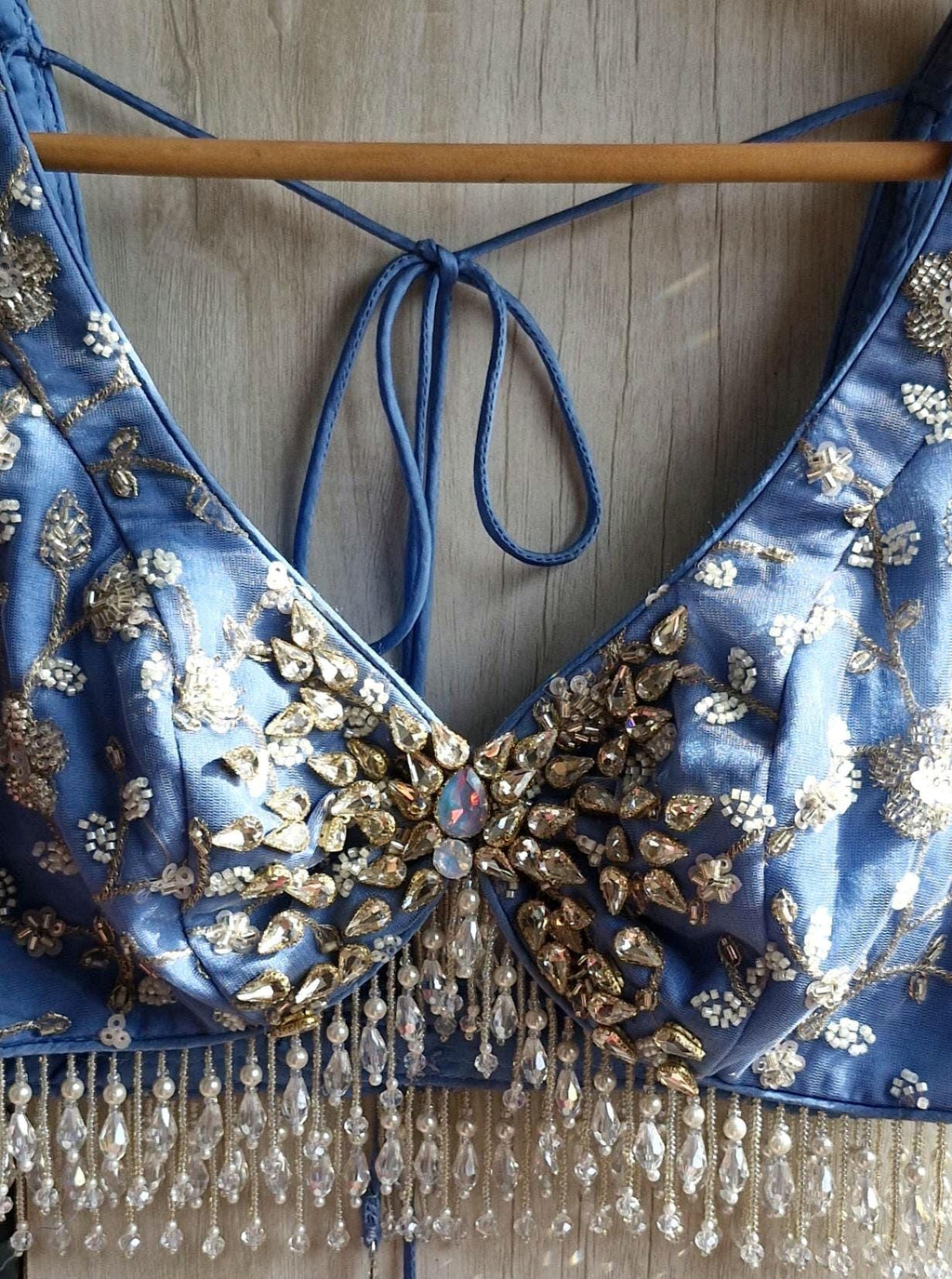 Embroidered Ice Blue Bejeweled Saree Blouse, Stones Embellished Bralette DVBL_524
