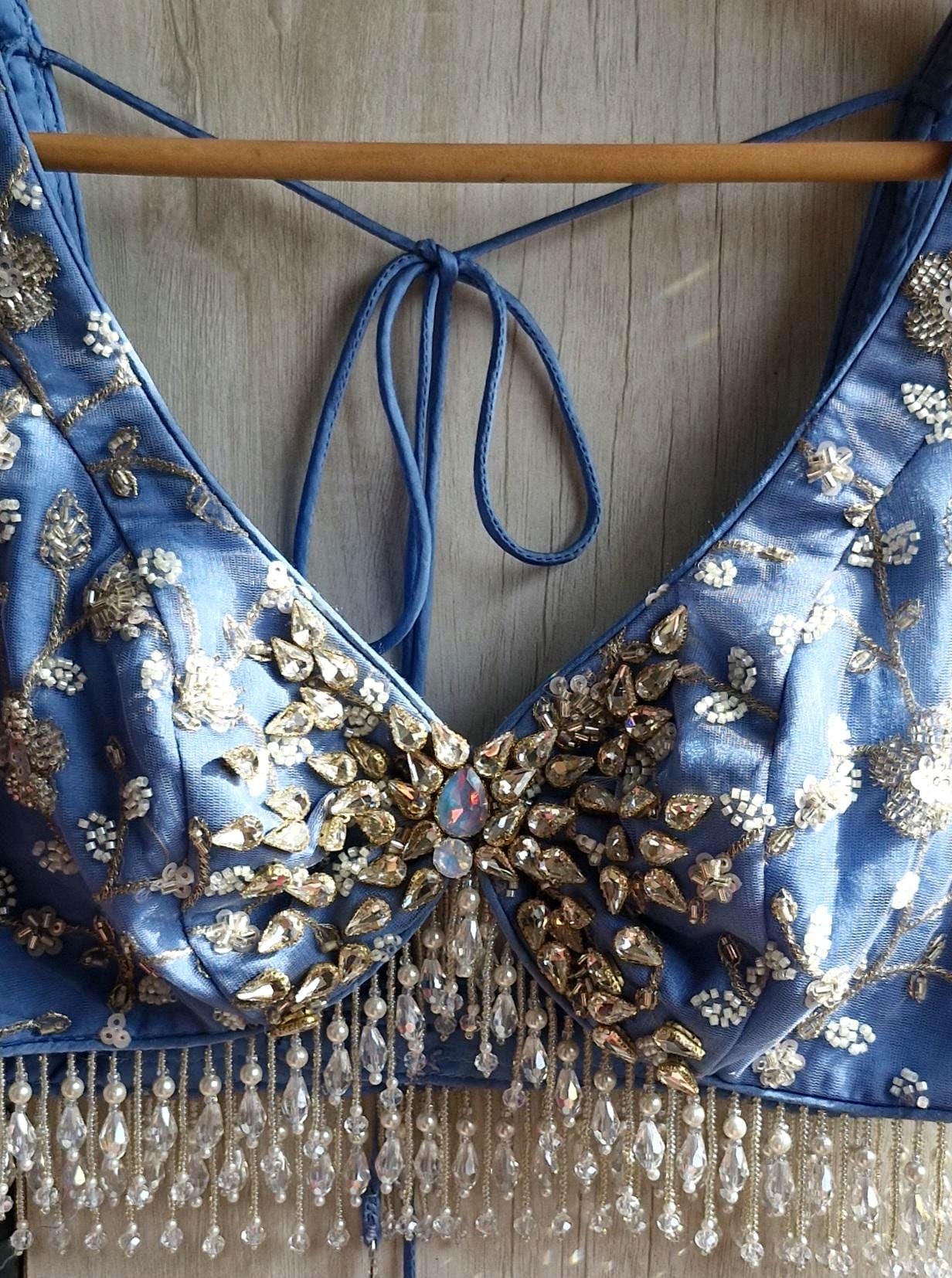 Embroidered Ice Blue Bejeweled Saree Blouse, Stones Embellished Bralette DVBL_524