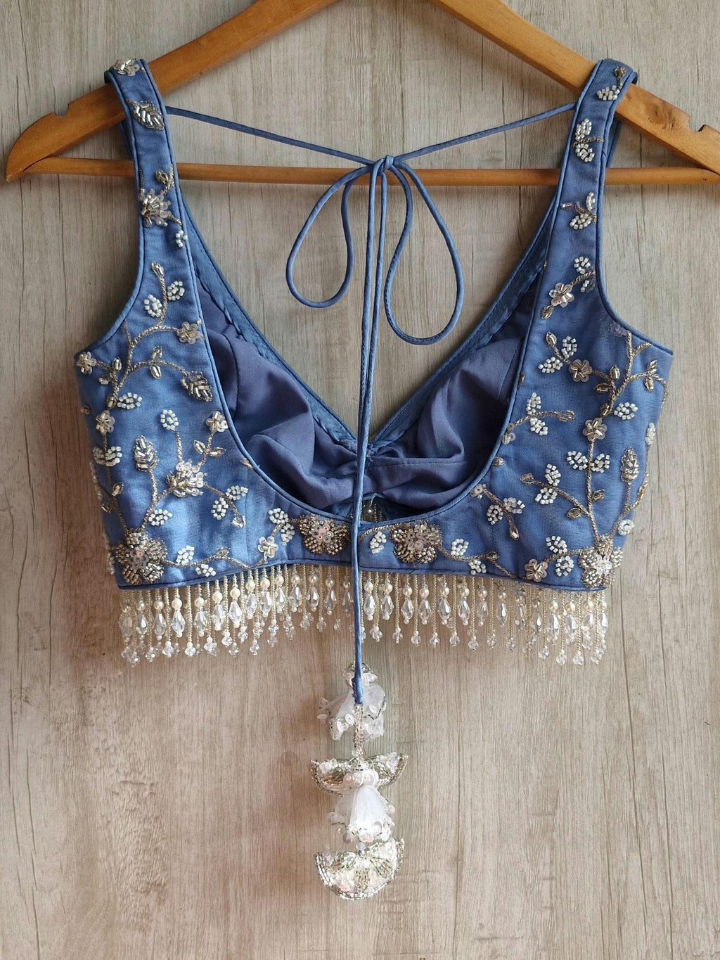 Embroidered Ice Blue Bejeweled Saree Blouse, Stones Embellished Bralette DVBL_524