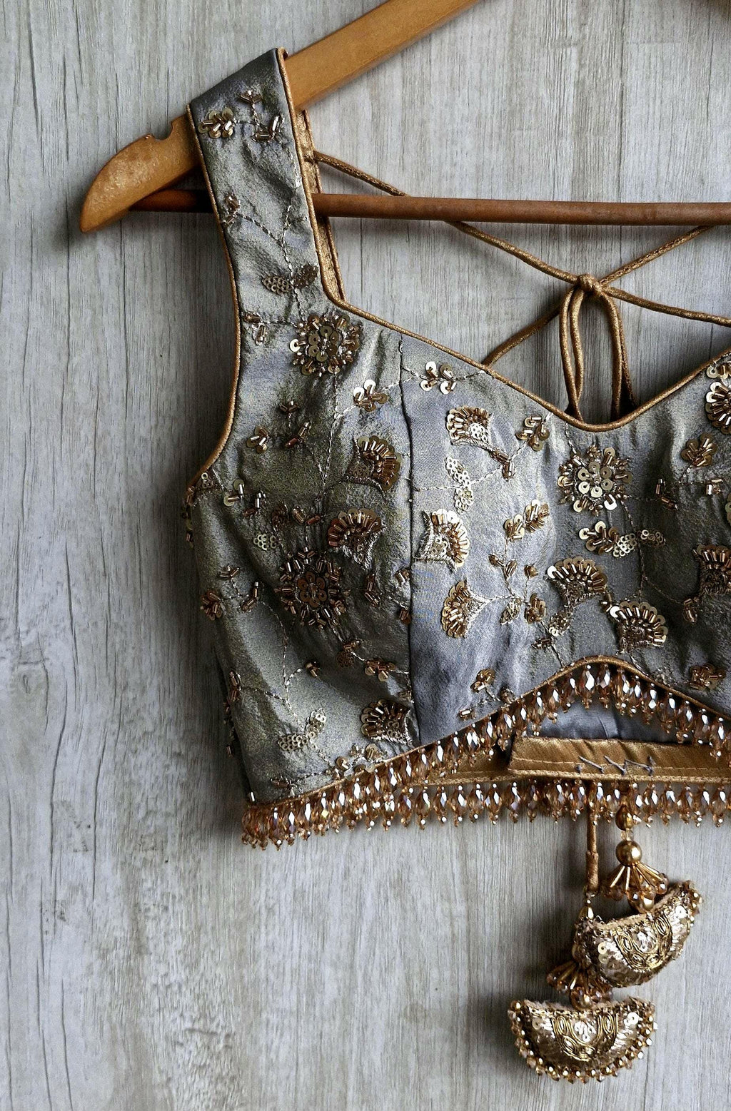Grey Embroidered Tissue Silk Blouse Sweetheart Neck DVBL_517