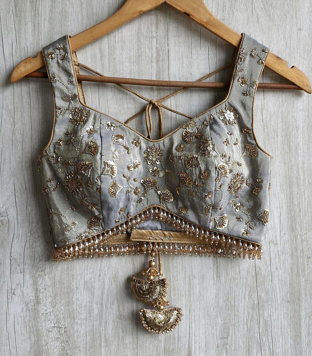 Grey Embroidered Tissue Silk Blouse Sweetheart Neck DVBL_517