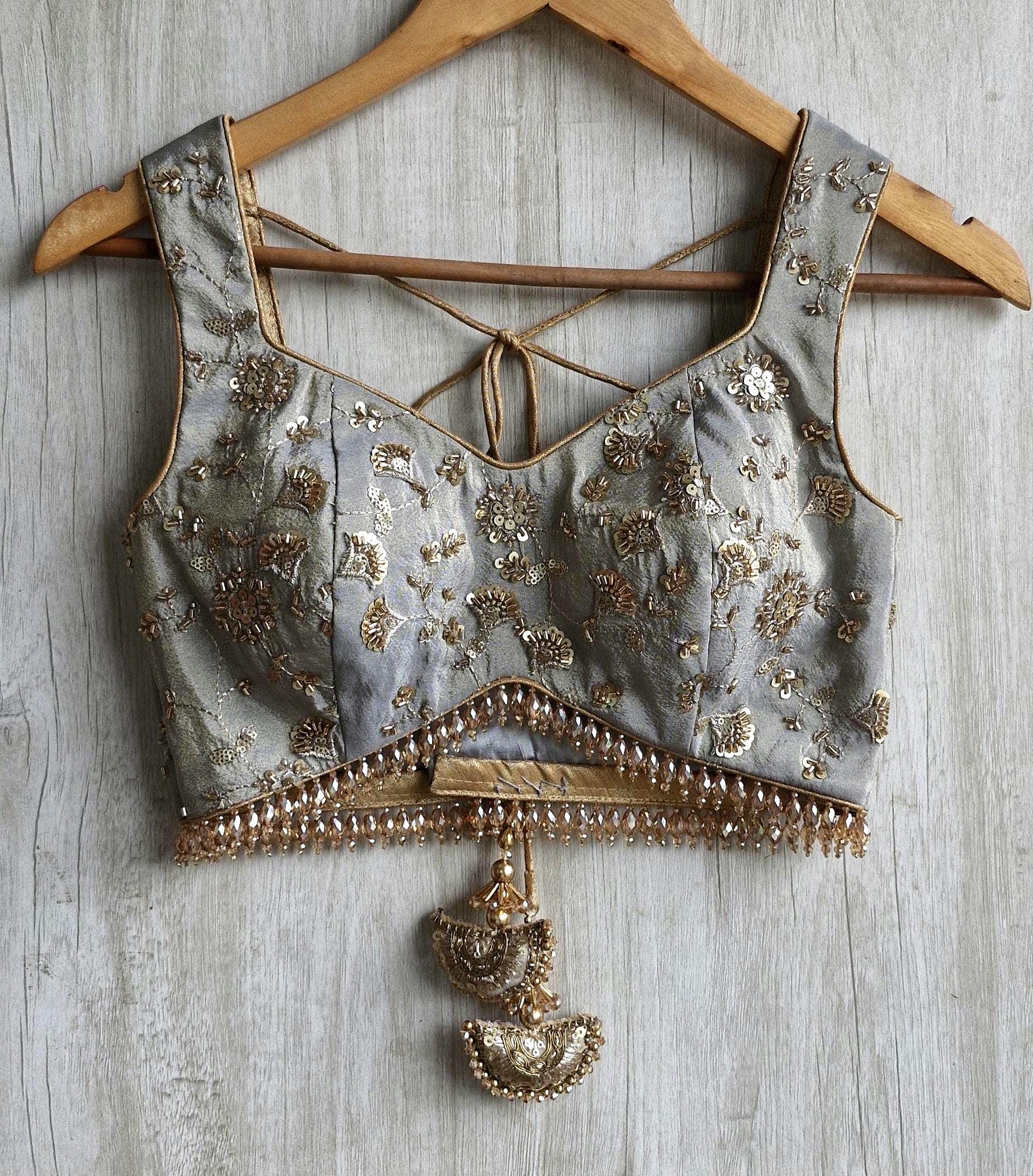 Grey Embroidered Tissue Silk Blouse Sweetheart Neck DVBL_517