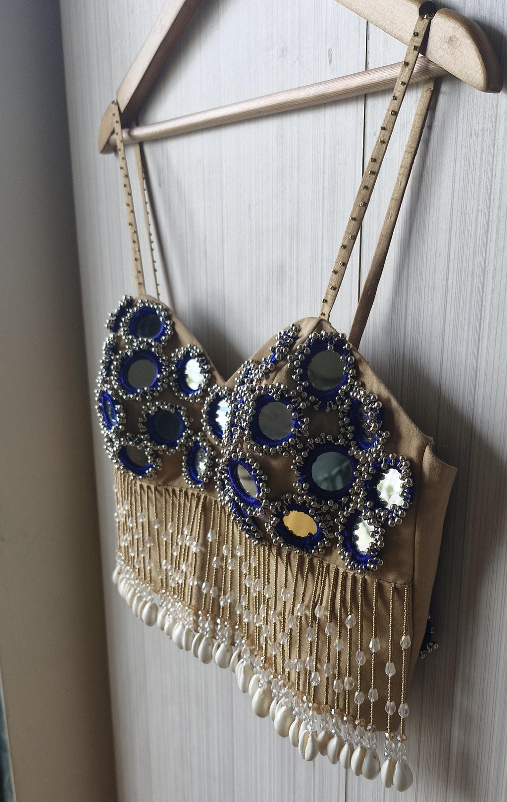 Beige Mirror Embroidered Silk Blouse, Handmade Beads Tassels, Spaghetti DVBL_525