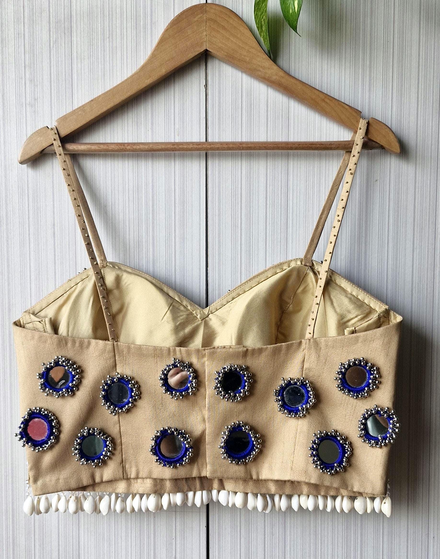 Beige Mirror Embroidered Silk Blouse, Handmade Beads Tassels, Spaghetti DVBL_525