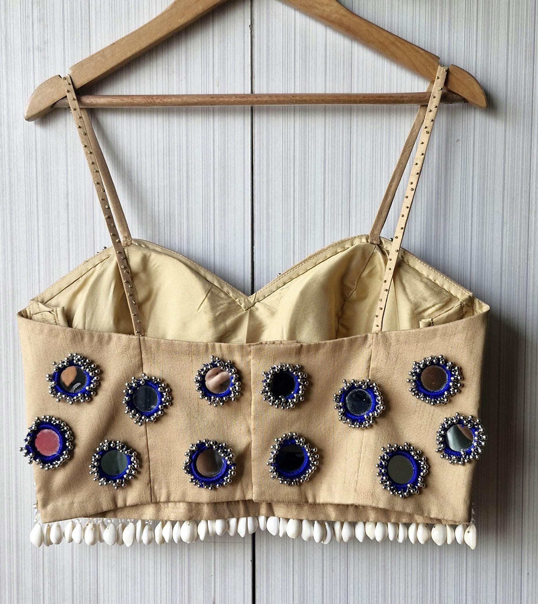 Beige Mirror Embroidered Silk Blouse, Handmade Beads Tassels, Spaghetti DVBL_525