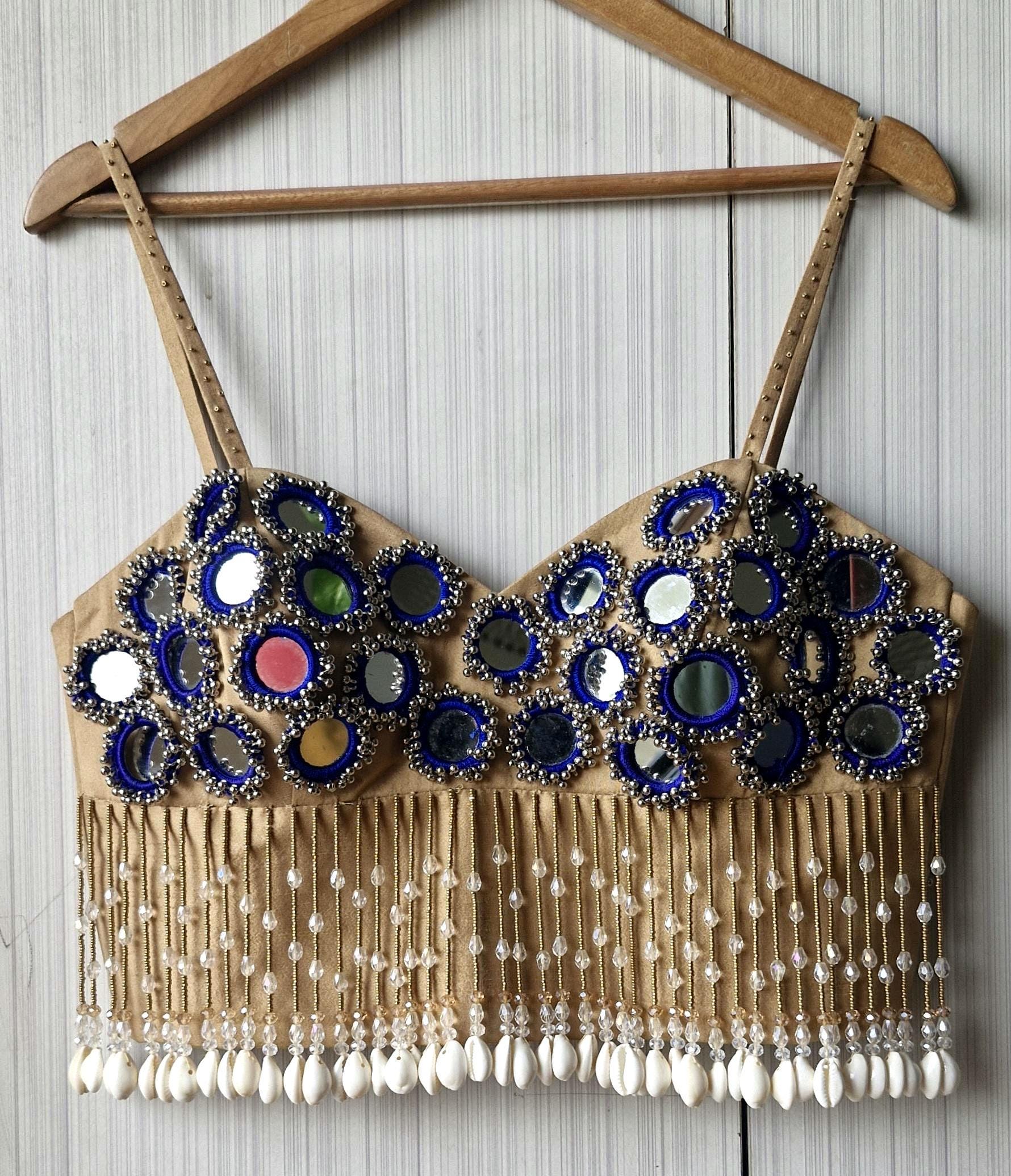 Beige Mirror Embroidered Silk Blouse, Handmade Beads Tassels, Spaghetti DVBL_525