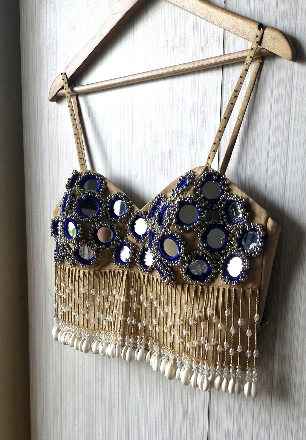 Beige Mirror Embroidered Silk Blouse, Handmade Beads Tassels, Spaghetti DVBL_525