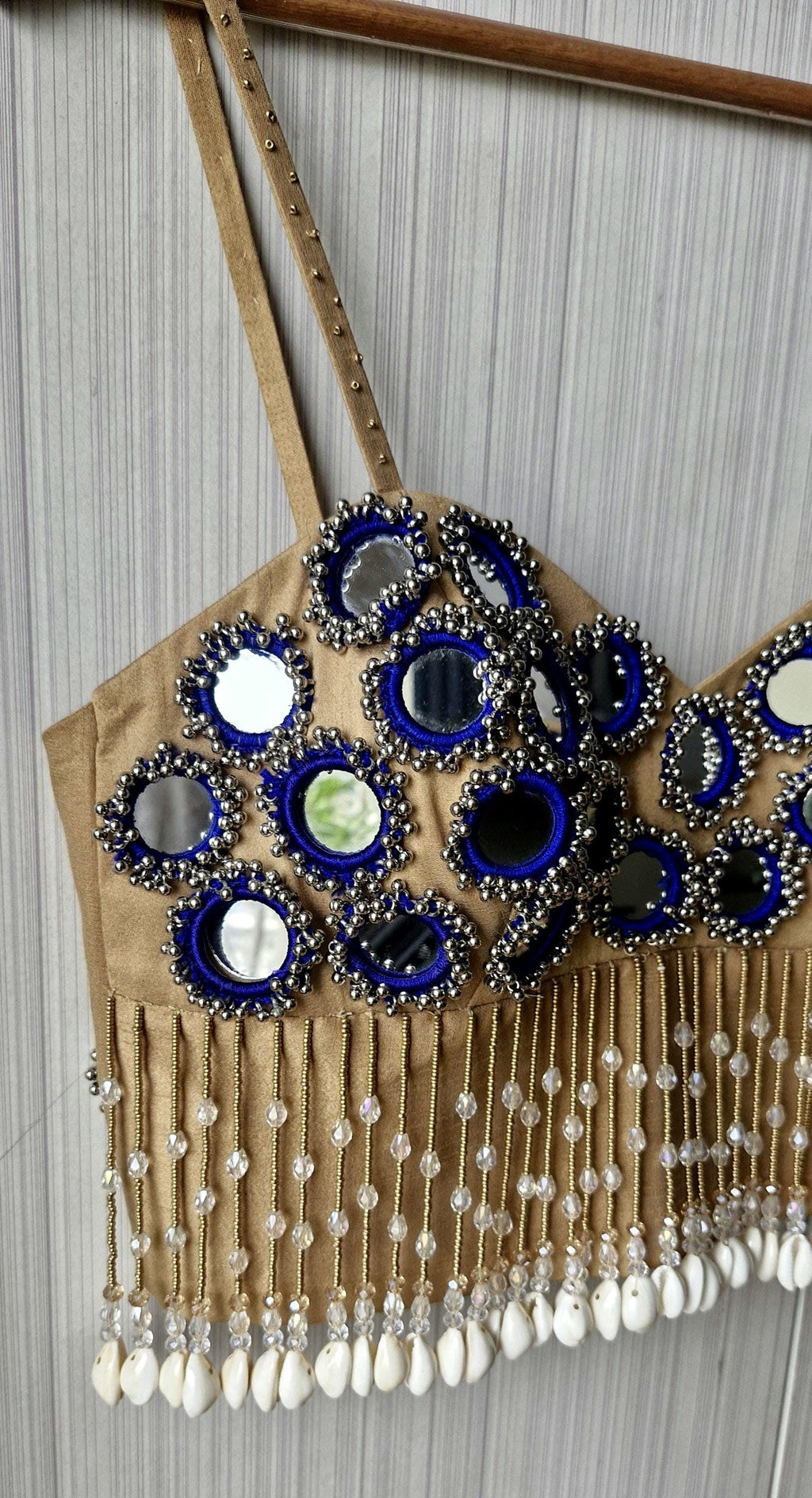 Beige Mirror Embroidered Silk Blouse, Handmade Beads Tassels, Spaghetti DVBL_525