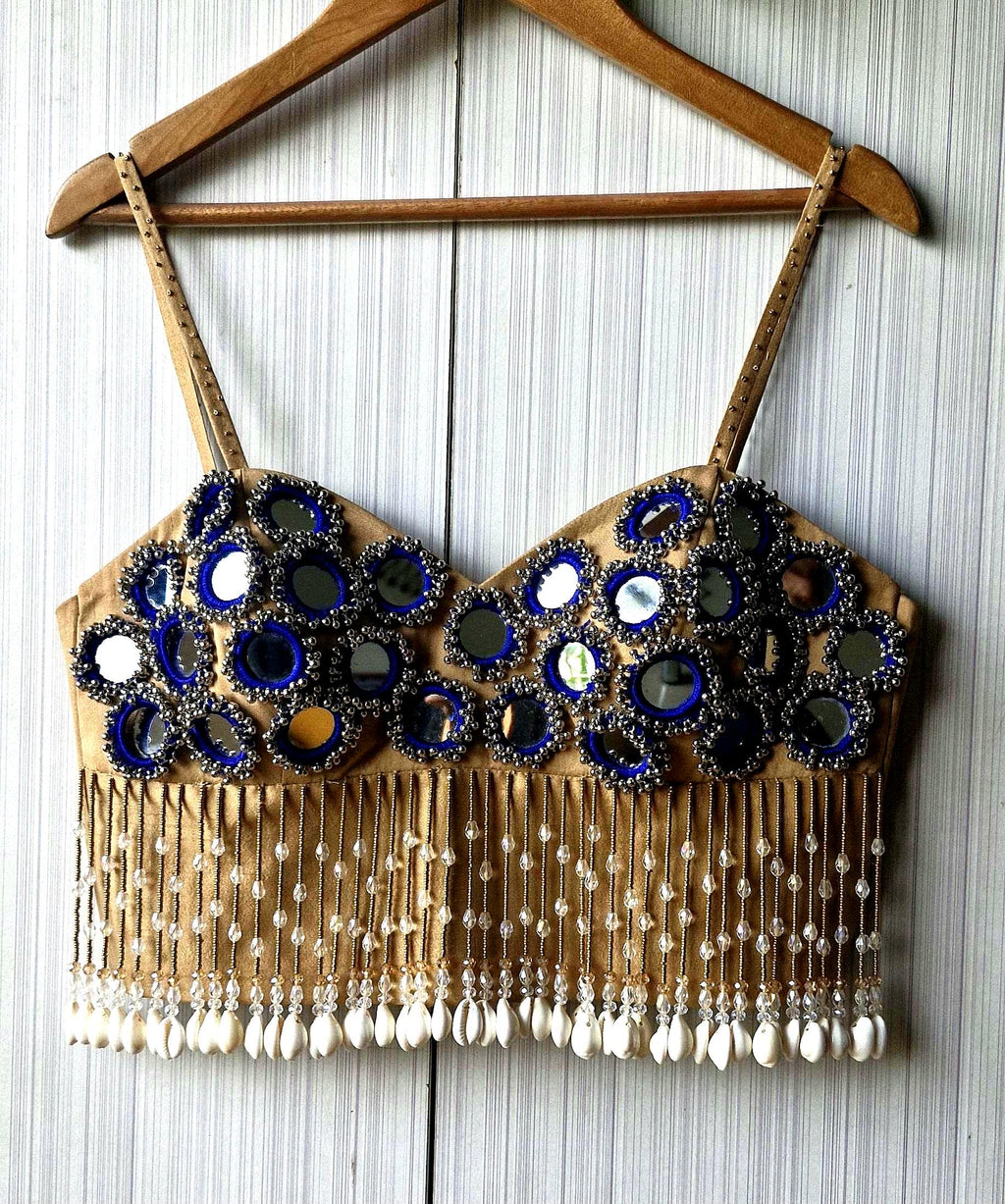 Beige Mirror Embroidered Silk Blouse, Handmade Beads Tassels, Spaghetti DVBL_525