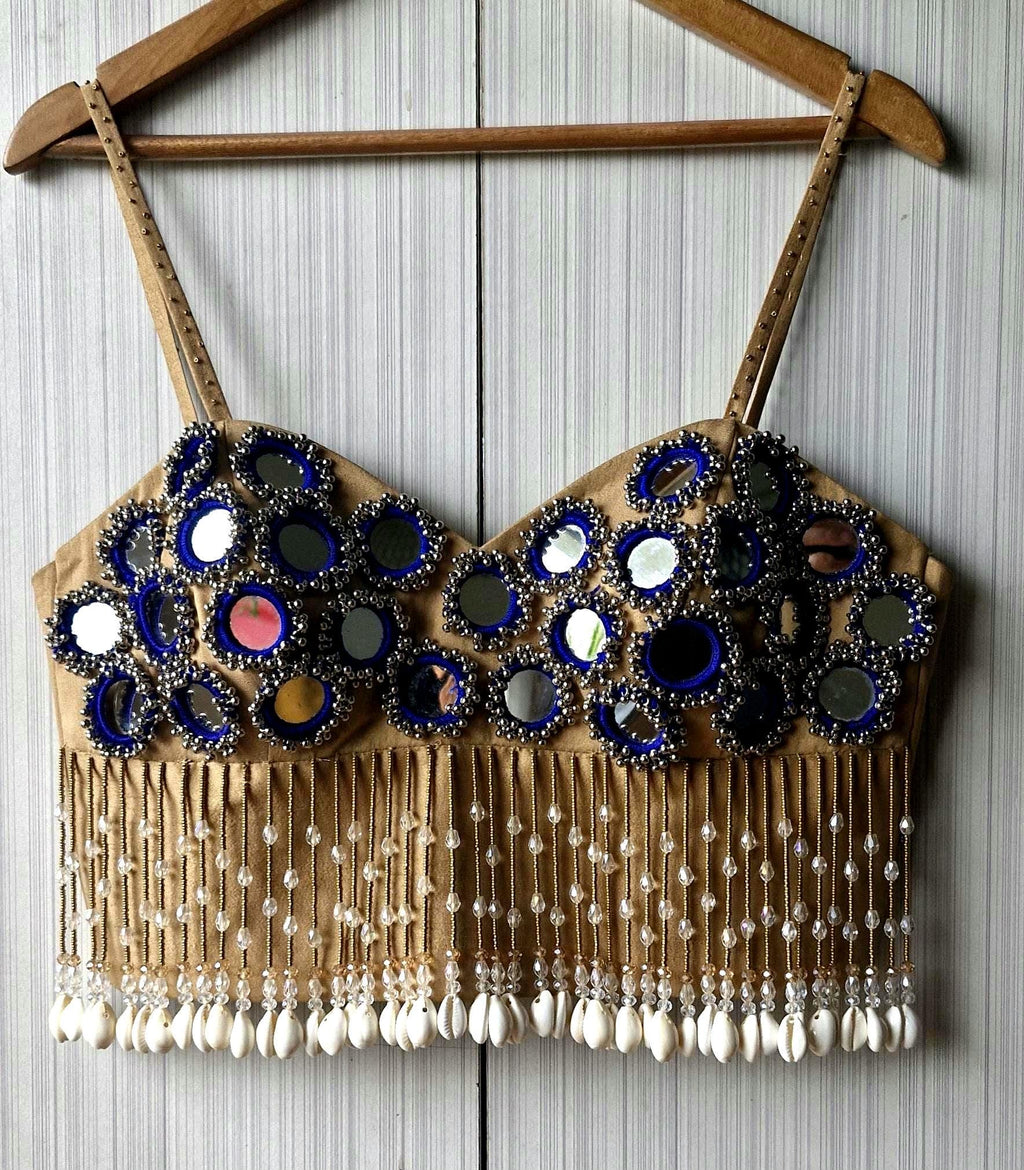 Beige Mirror Embroidered Silk Blouse, Handmade Beads Tassels, Spaghetti DVBL_525