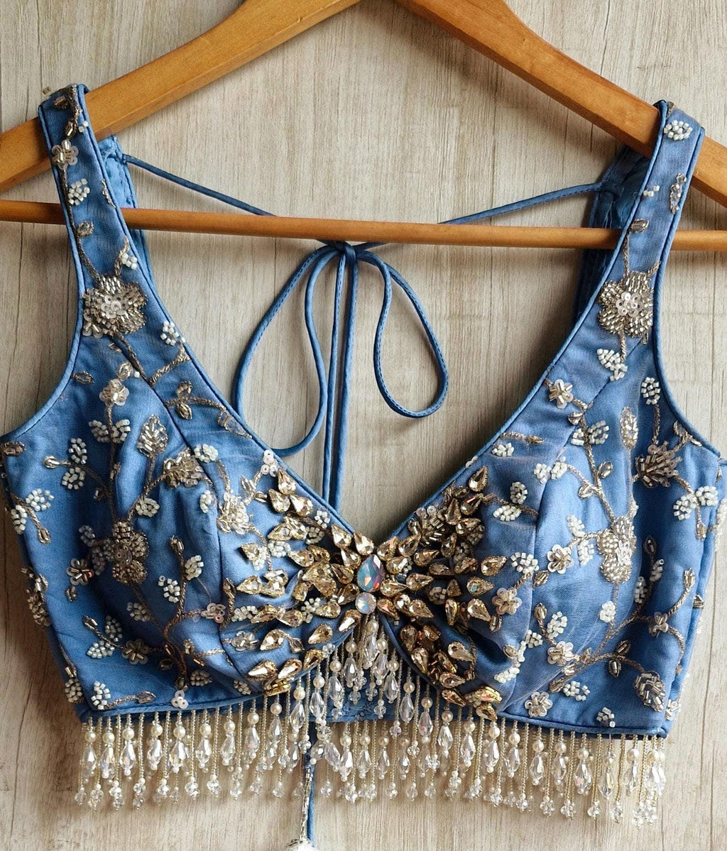 Embroidered Ice Blue Bejeweled Saree Blouse, Stones Embellished Bralette DVBL_524