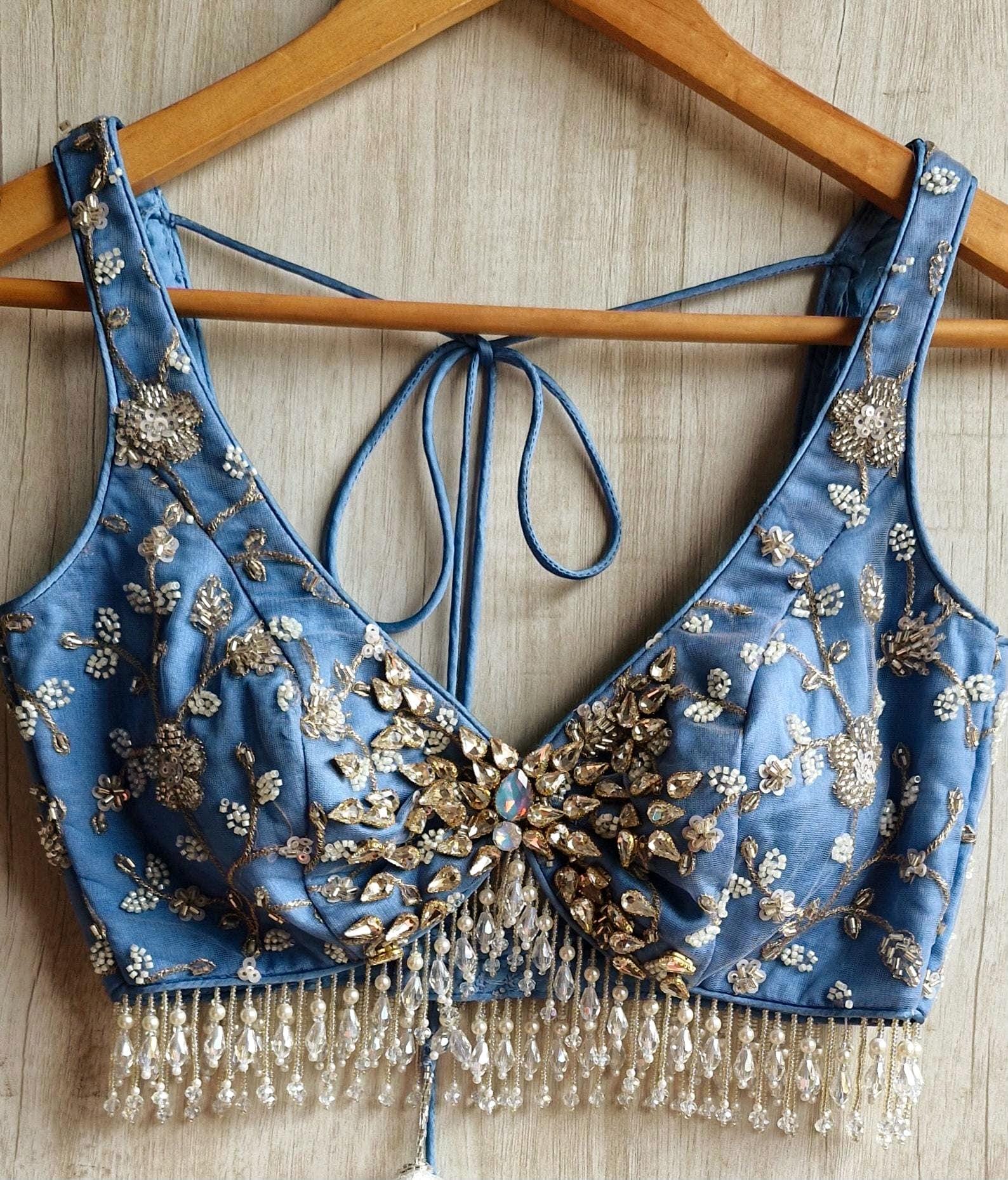 Embroidered Ice Blue Bejeweled Saree Blouse, Stones Embellished Bralette DVBL_524