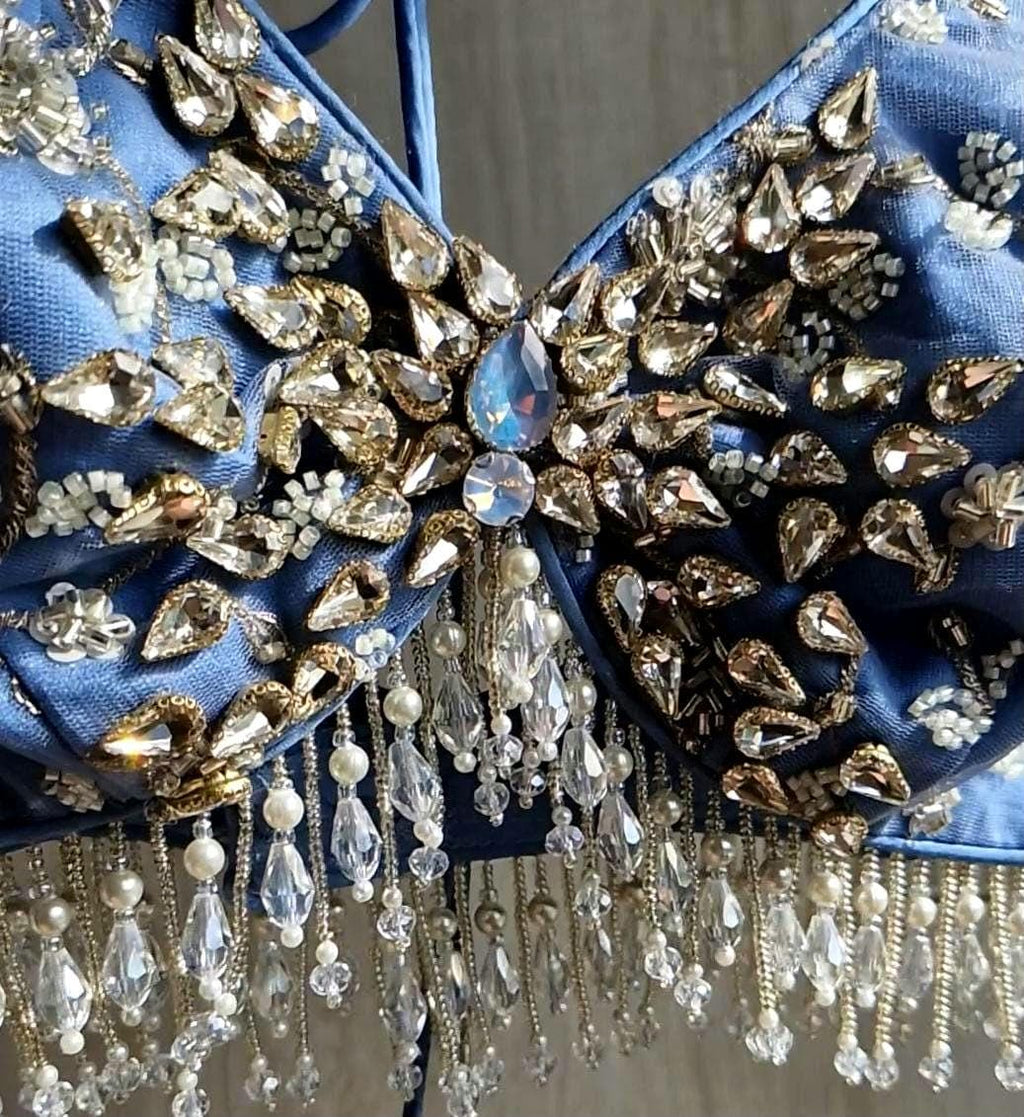 Embroidered Ice Blue Bejeweled Saree Blouse, Stones Embellished Bralette DVBL_524