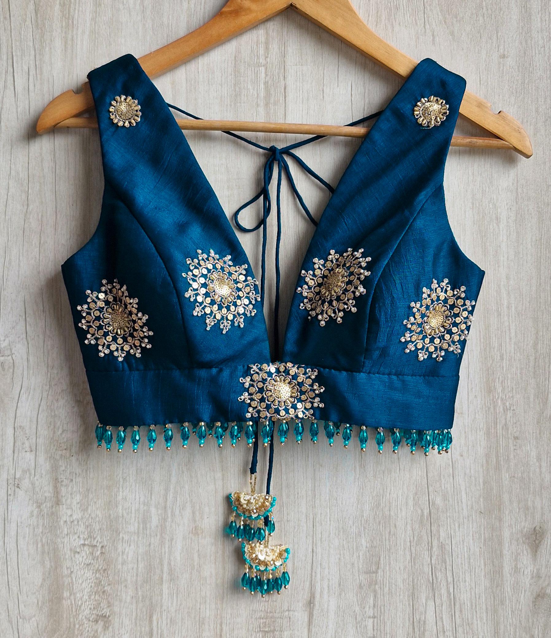 Teal Embroidered Plunge Neck Silk Saree Blouse DVBL_526
