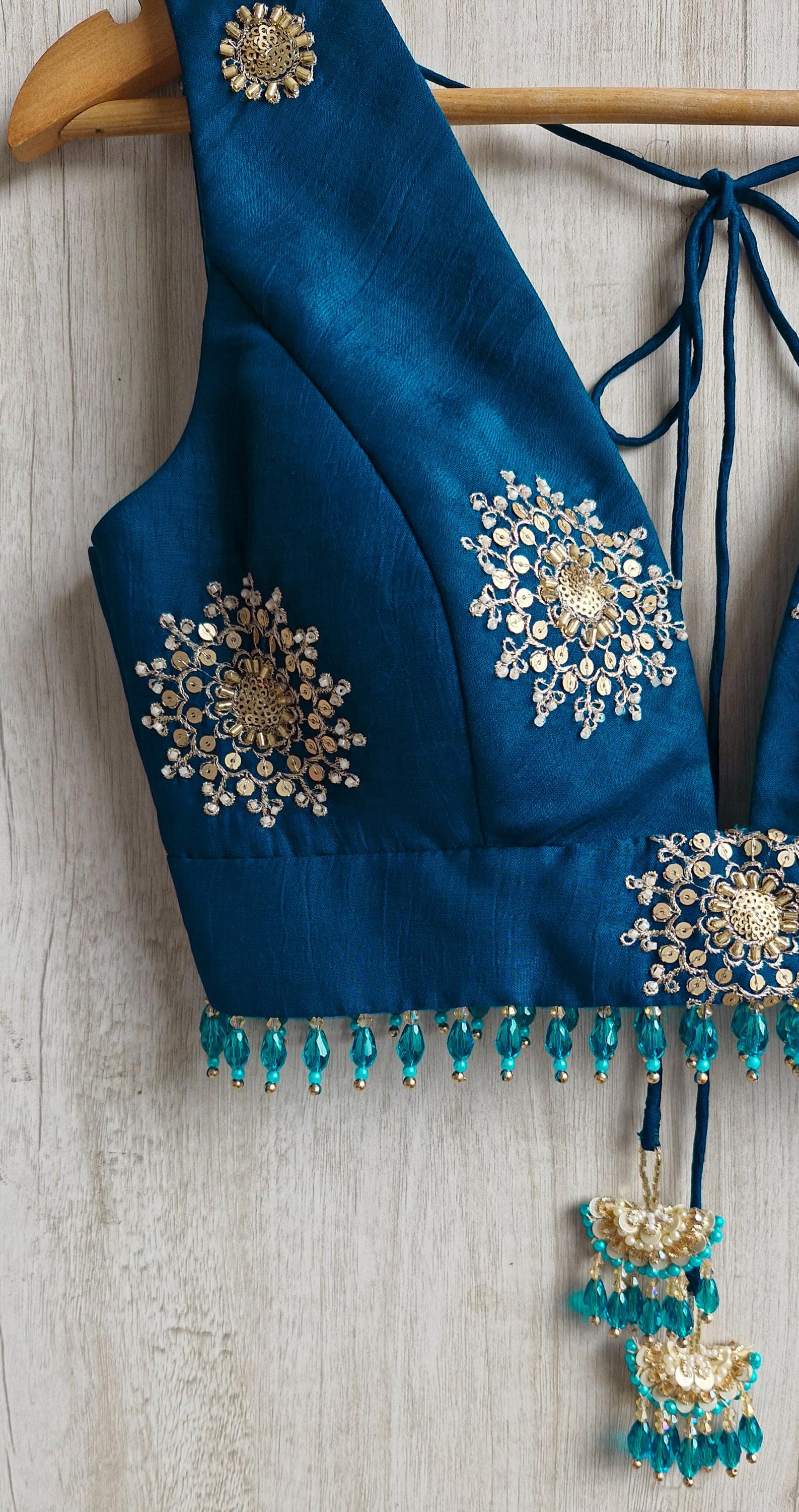 Teal Embroidered Plunge Neck Silk Saree Blouse DVBL_526