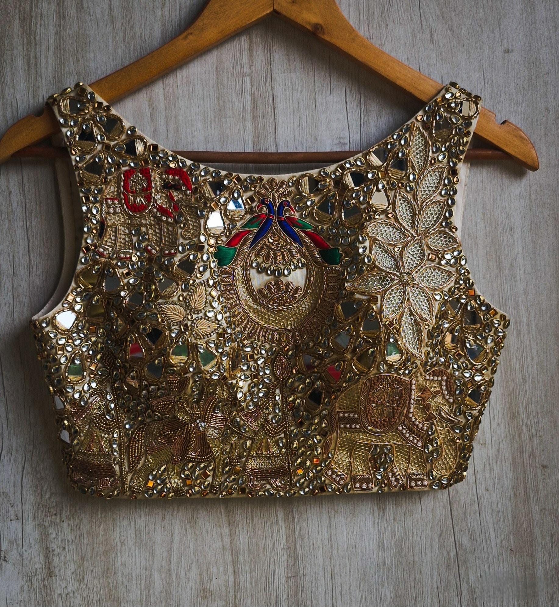 Hand Embroidered Gold Bejeweled Saree Blouse Boat Neck DVBL_527