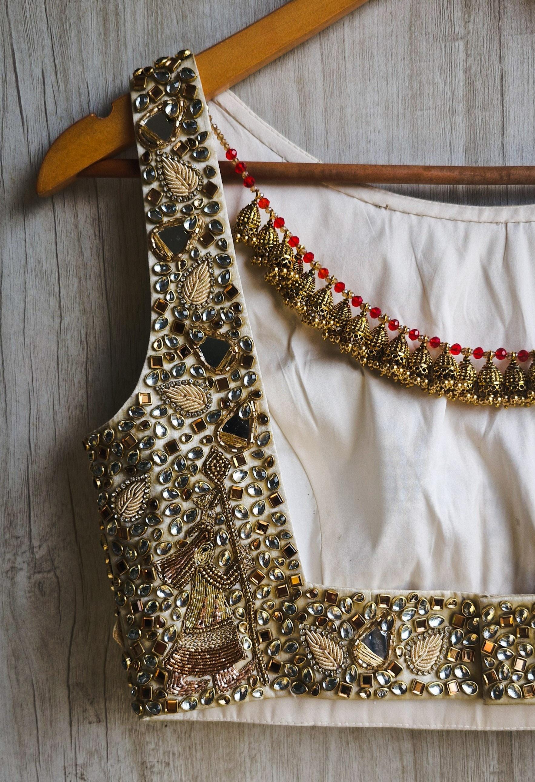 Hand Embroidered Gold Bejeweled Saree Blouse Boat Neck DVBL_527