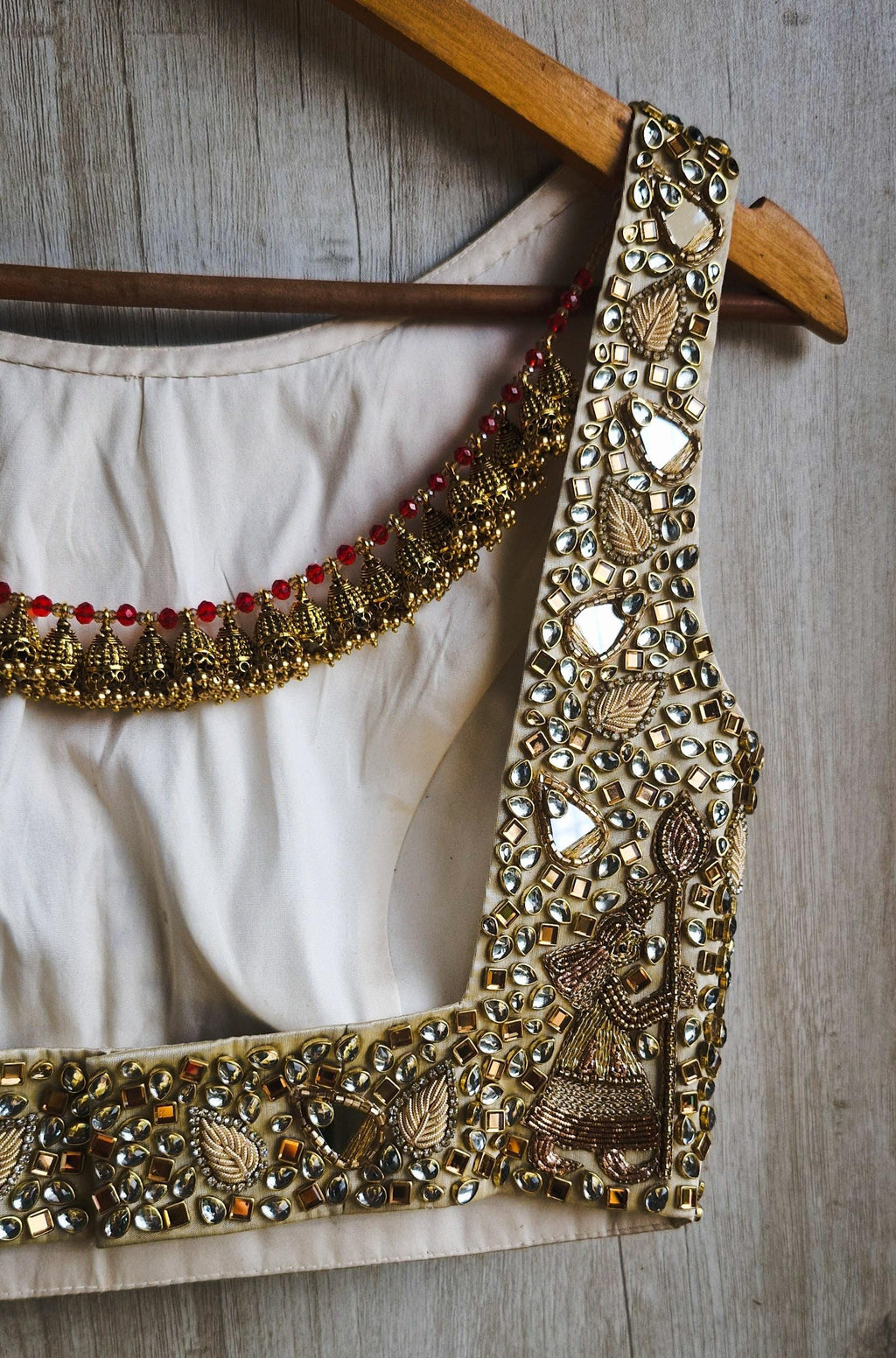 Hand Embroidered Gold Bejeweled Saree Blouse Boat Neck DVBL_527