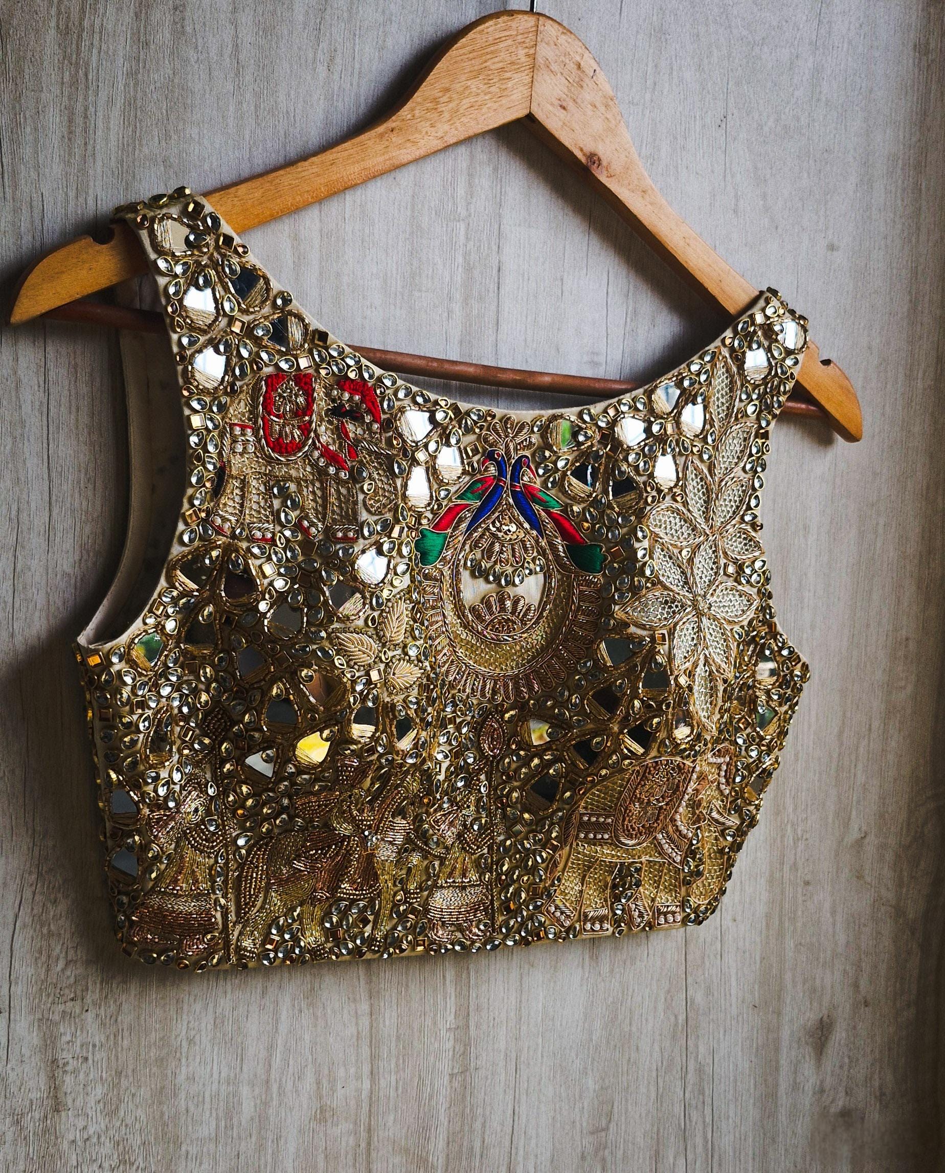 Hand Embroidered Gold Bejeweled Saree Blouse Boat Neck DVBL_527