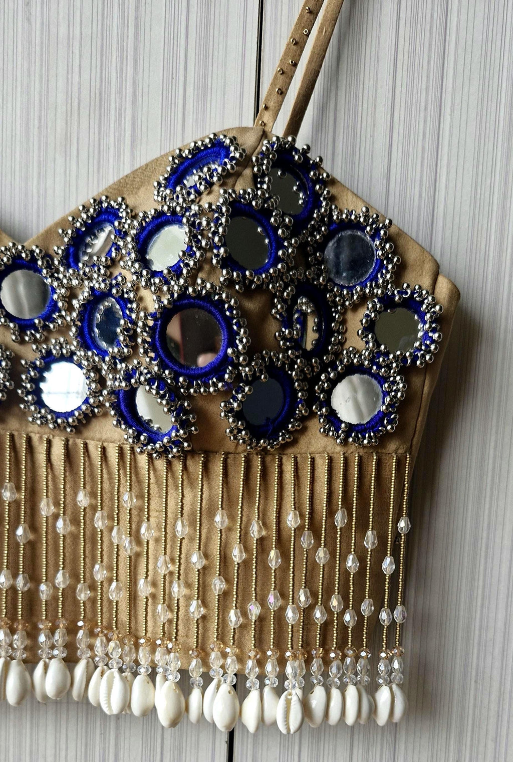 Beige Mirror Embroidered Silk Blouse, Handmade Beads Tassels, Spaghetti DVBL_525