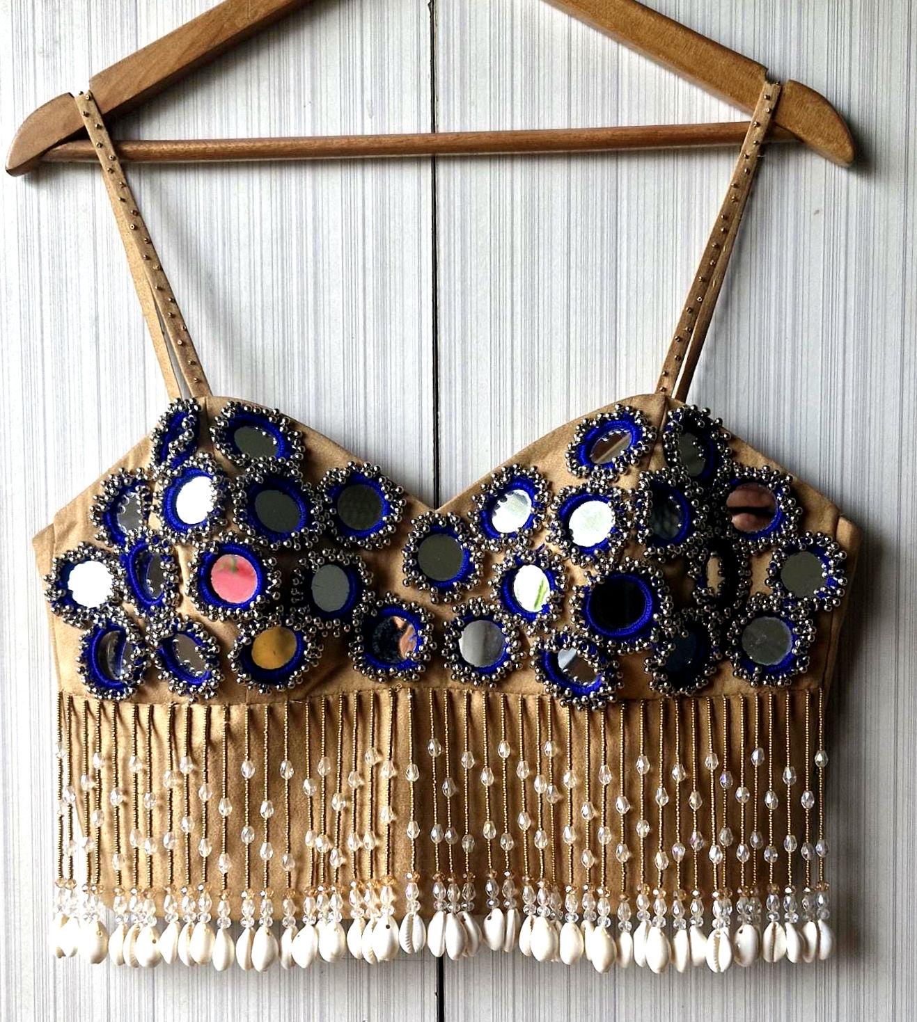 Beige Mirror Embroidered Silk Blouse, Handmade Beads Tassels, Spaghetti DVBL_525