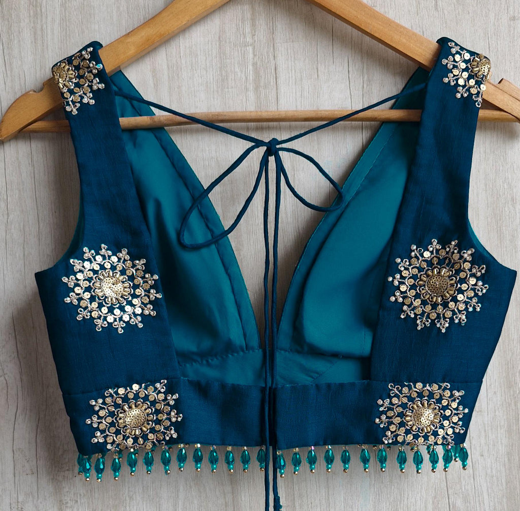 Teal Embroidered Plunge Neck Silk Saree Blouse DVBL_526