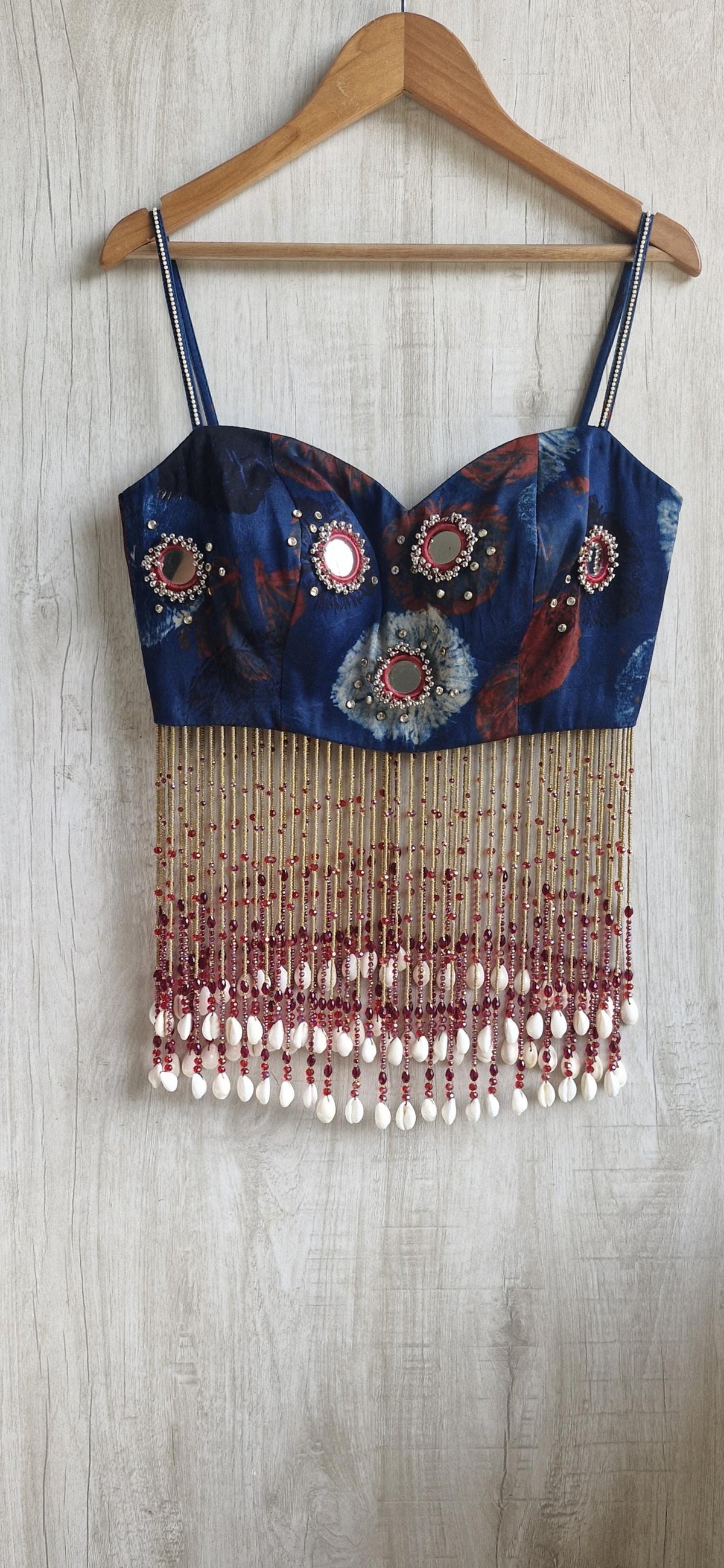 Shibori Print Mirror Work Modal Silk Spaghetti Blouse, Handmade Beads Tassels, Dandiya DVBL_528