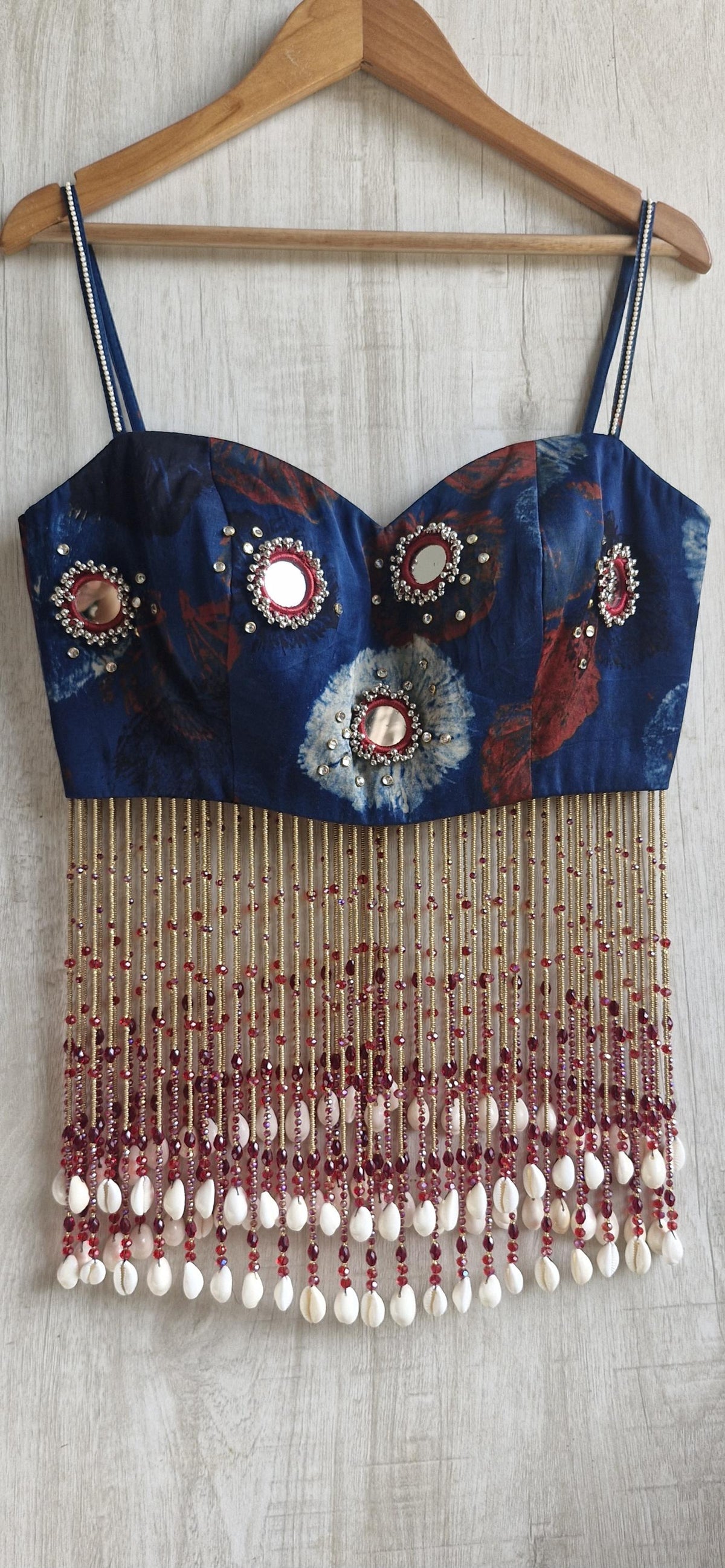 Shibori Print Mirror Work Modal Silk Spaghetti Blouse, Handmade Beads Tassels, Dandiya DVBL_528