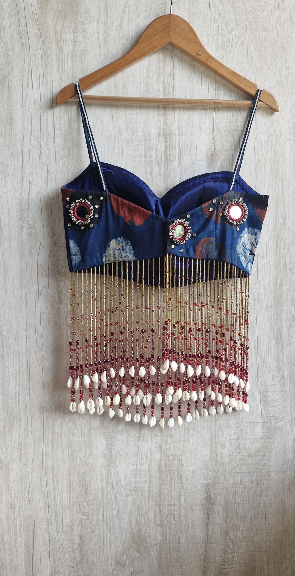 Shibori Print Mirror Work Modal Silk Spaghetti Blouse, Handmade Beads Tassels, Dandiya DVBL_528