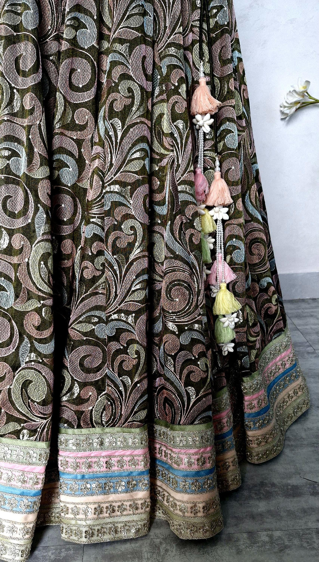 Olive Green Embroidered Tissue Silk Lehenga Choli DVMTD_0306