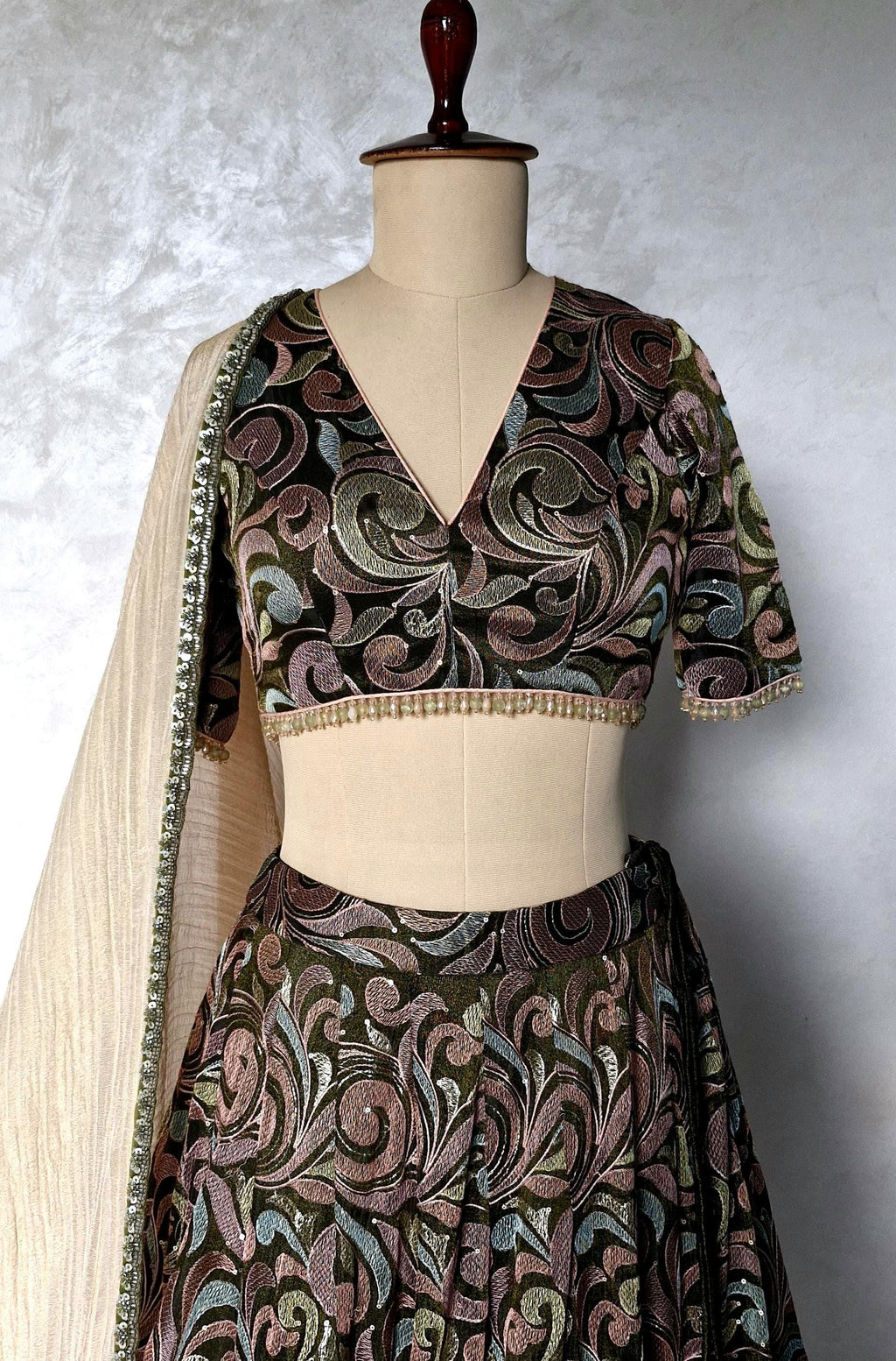 Olive Green Embroidered Tissue Silk Lehenga Choli DVMTD_0306