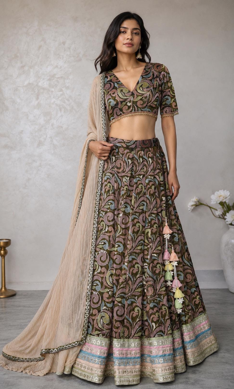 Olive Green Embroidered Tissue Silk Lehenga Choli DVMTD_0306