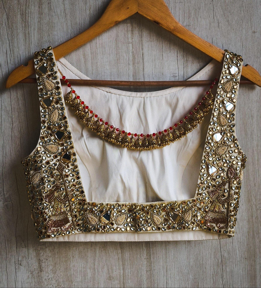 Hand Embroidered Gold Bejeweled Saree Blouse Boat Neck DVBL_527