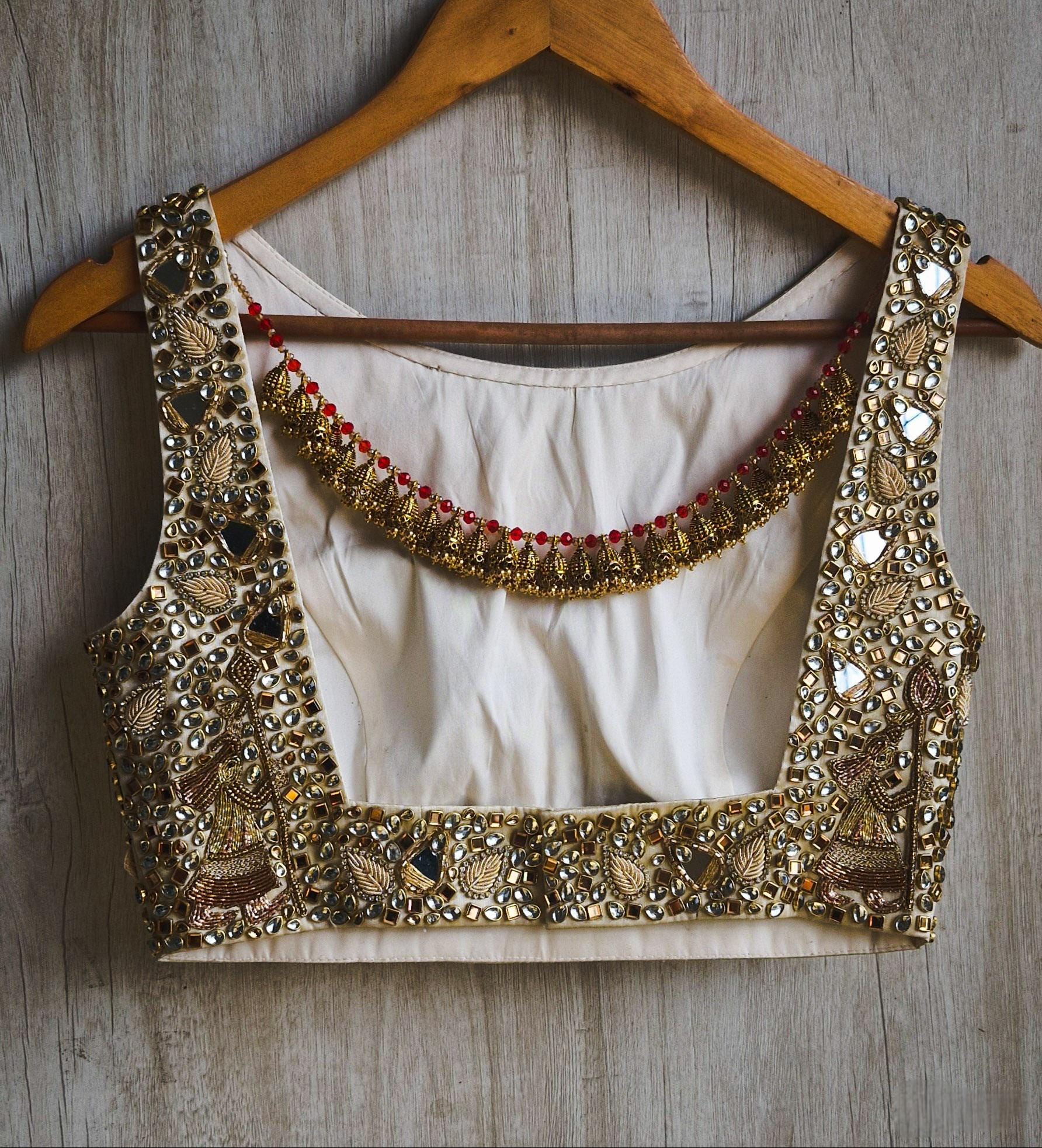 Hand Embroidered Gold Bejeweled Saree Blouse Boat Neck DVBL_527