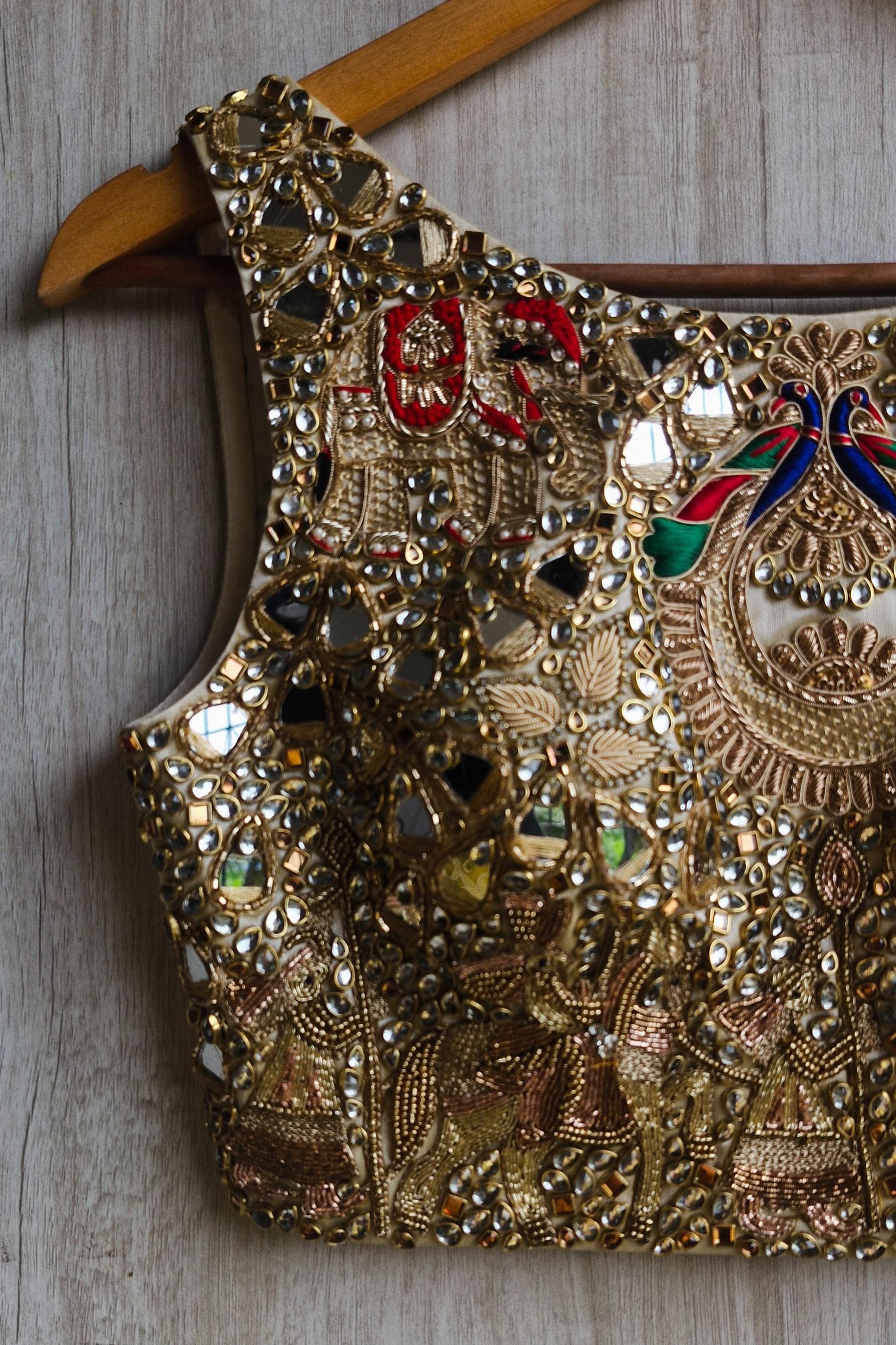 Hand Embroidered Gold Bejeweled Saree Blouse Boat Neck DVBL_527