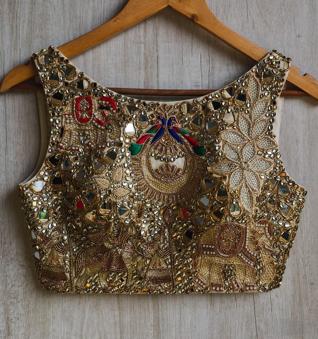 Hand Embroidered Gold Bejeweled Saree Blouse Boat Neck DVBL_527