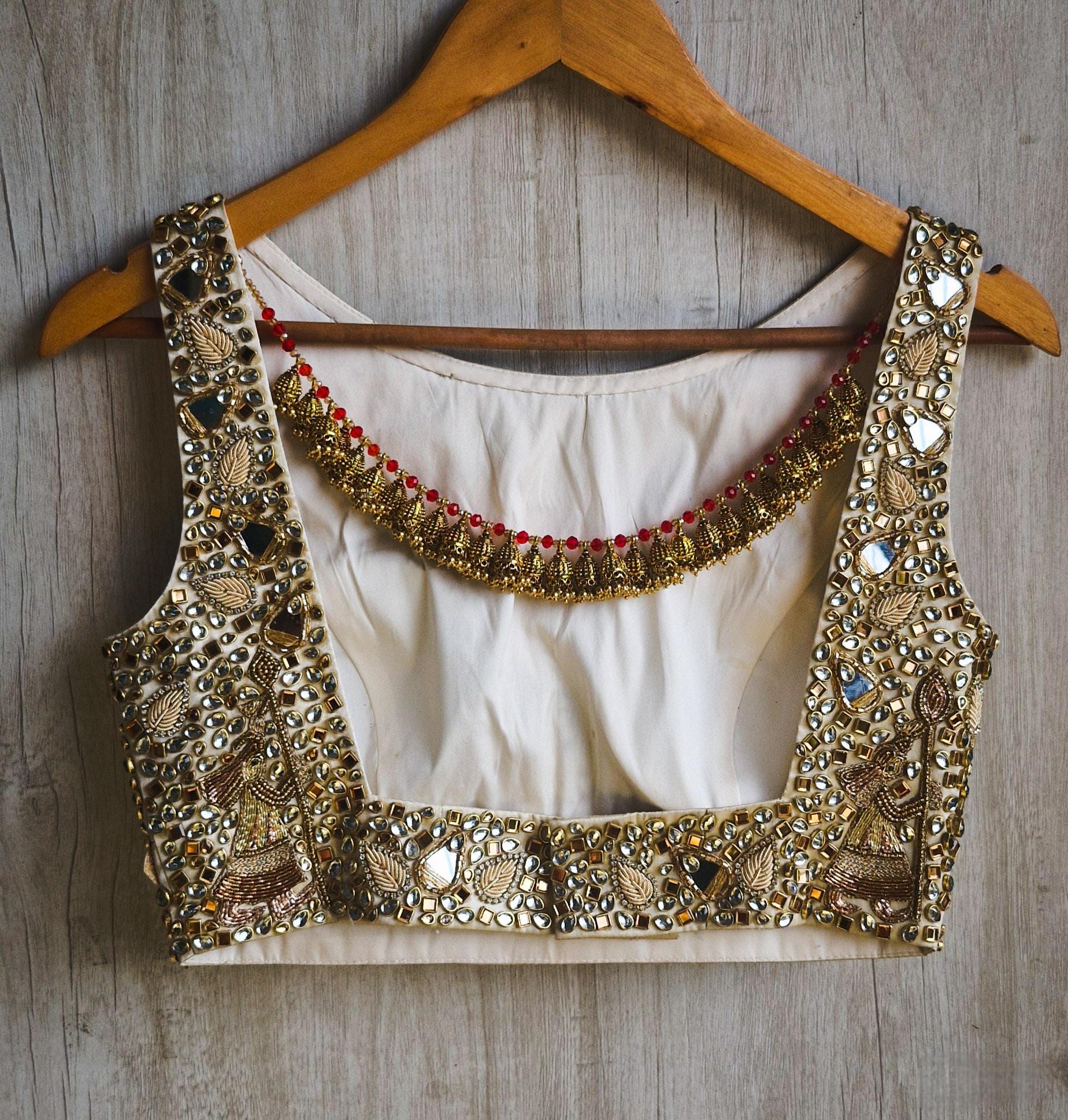 Hand Embroidered Gold Bejeweled Saree Blouse Boat Neck DVBL_527
