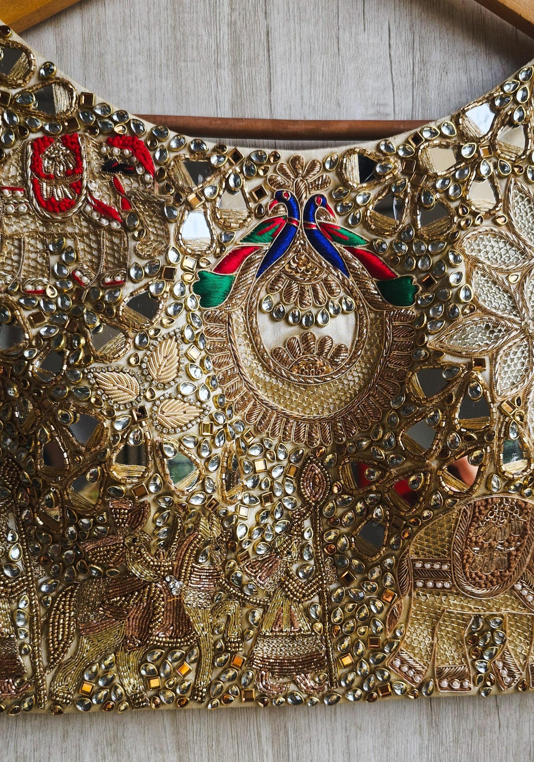 Hand Embroidered Gold Bejeweled Saree Blouse Boat Neck DVBL_527