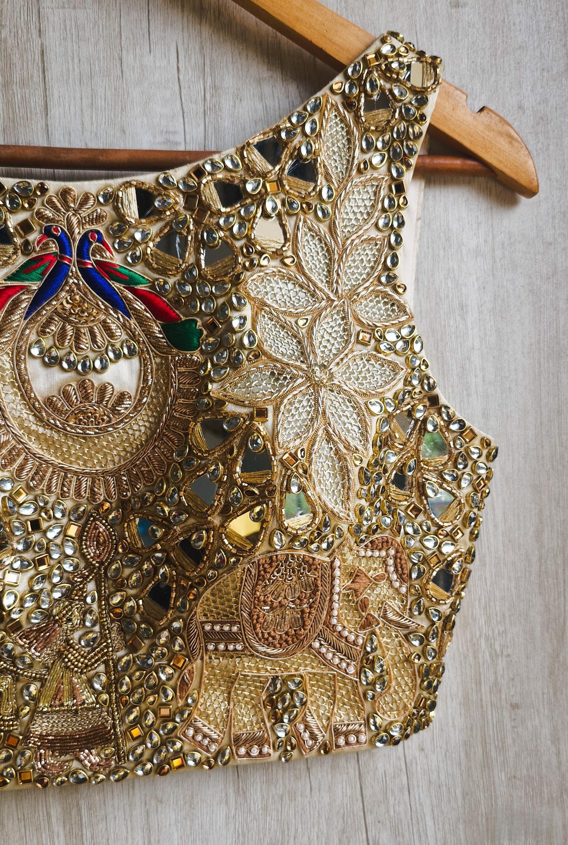 Hand Embroidered Gold Bejeweled Saree Blouse Boat Neck DVBL_527