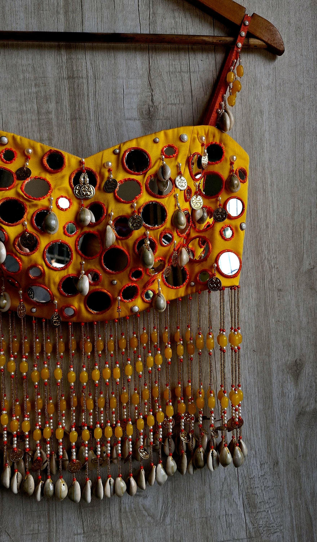 Amber Yellow Mirror Work Blouse, Handmade Beads Tassels, Spaghetti Dandiya Choli DVBL_529