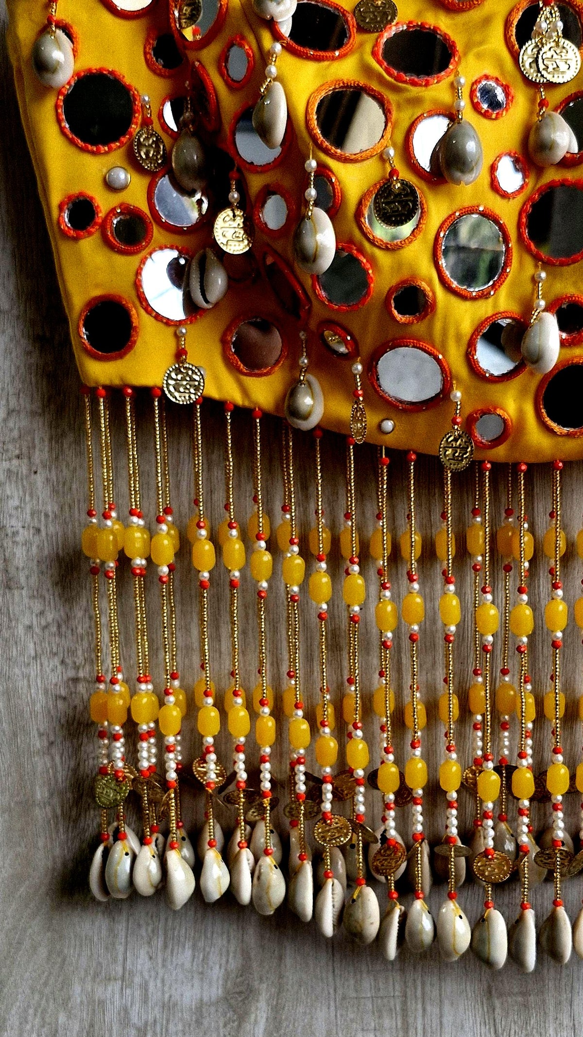 Amber Yellow Mirror Work Blouse, Handmade Beads Tassels, Spaghetti Dandiya Choli DVBL_529