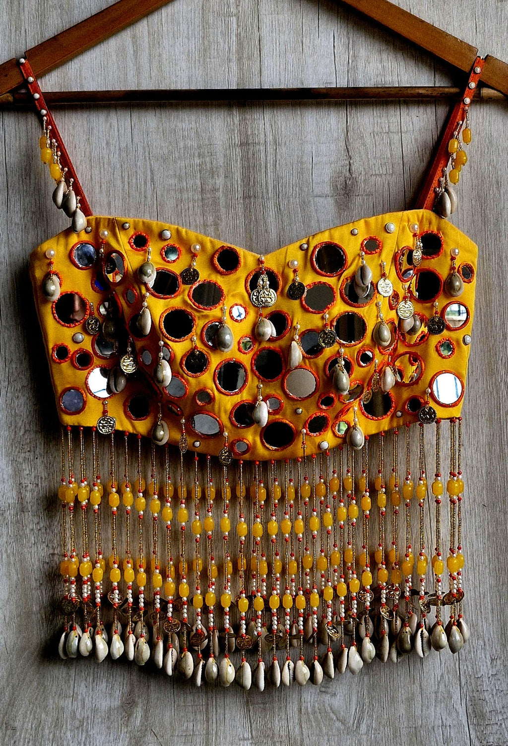 Amber Yellow Mirror Work Blouse, Handmade Beads Tassels, Spaghetti Dandiya Choli DVBL_529