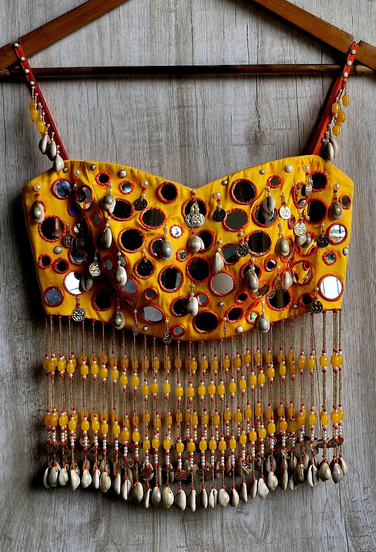 Amber Yellow Mirror Work Blouse, Handmade Beads Tassels, Spaghetti Dandiya Choli DVBL_529
